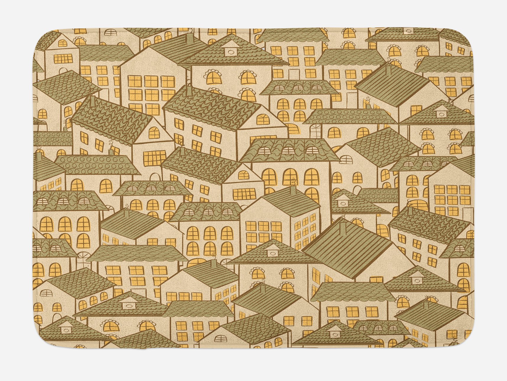Ambesonne Retro Bath Mat - Hand Drawn Village Town Houses Design with Pyramid Roofs, Non-Slip Plush Bathroom Rug 30x20 Inches, Reseda Green & Sand Brown - Perfect for Vintage Style Bathroom Decor, Guest Bathrooms & Cozy Home Accents