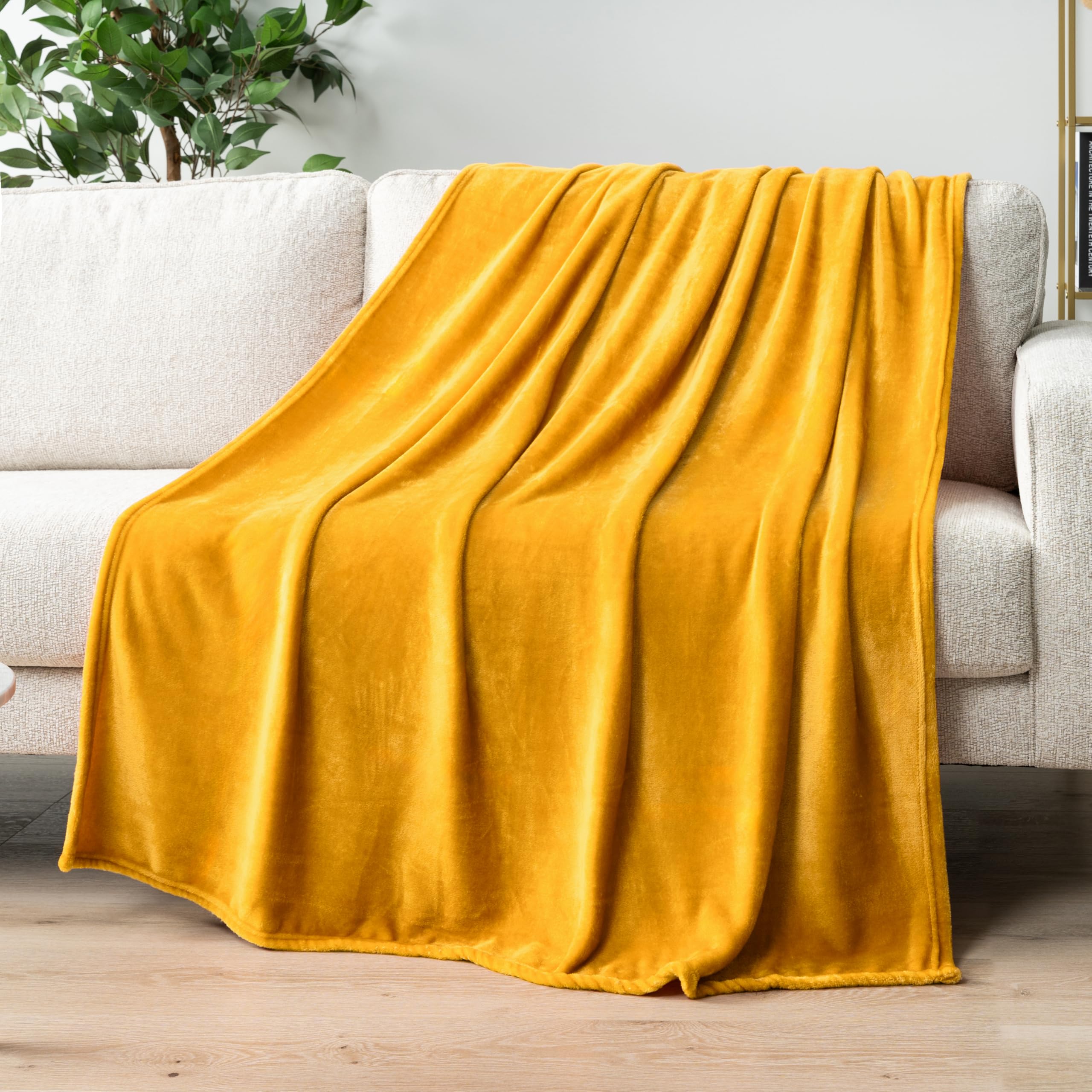 PAVILIA Mustard Yellow Fleece Bed Blanket - Queen Size 90x90 Inches, Ultra Soft Fuzzy Flannel Throw Blanket for Couch, Sofa & Bed, Luxury Plush Microfiber Cozy Blanket - Perfect for Home, Office, Gift Giving & Winter Snuggling