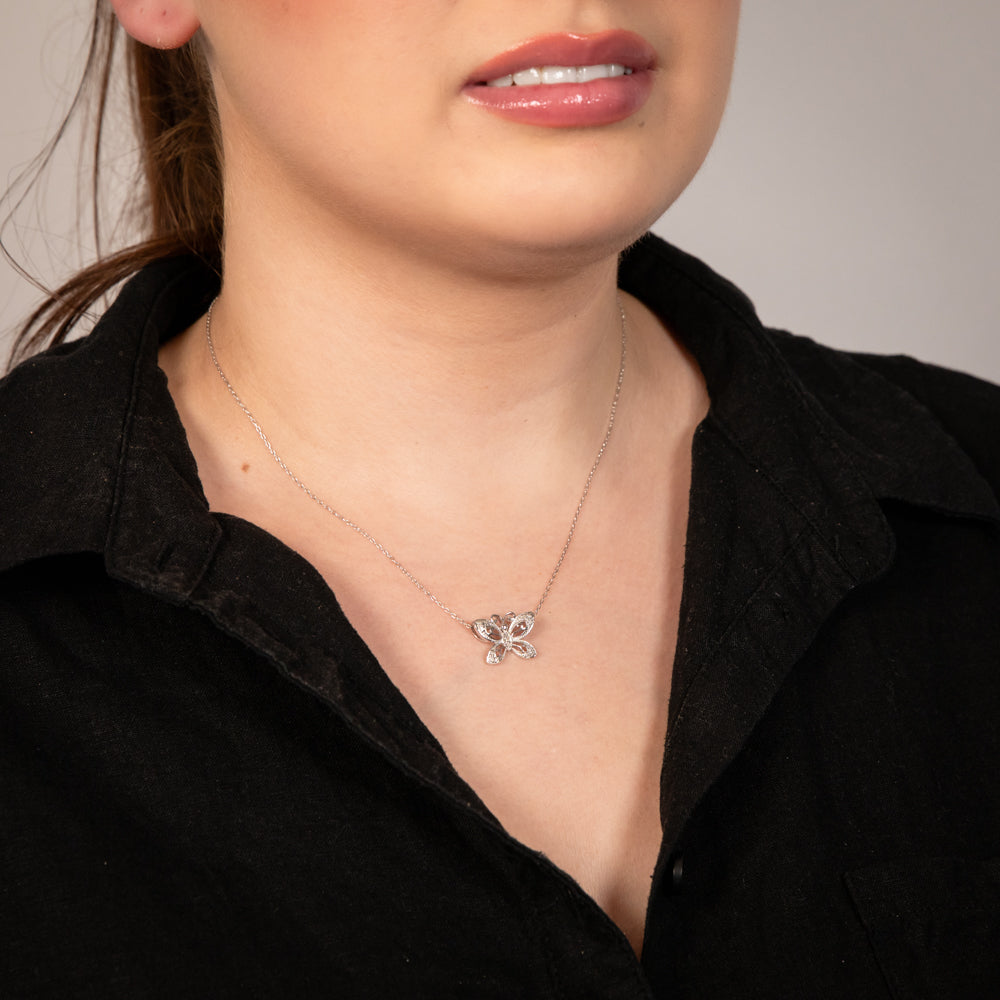 1/10 Carat Diamond Butterfly Pendant Necklace in Sterling Silver 925 - Elegant Jewelry Gift for Women, Perfect for Valentine's Day, Anniversary & Special Occasions