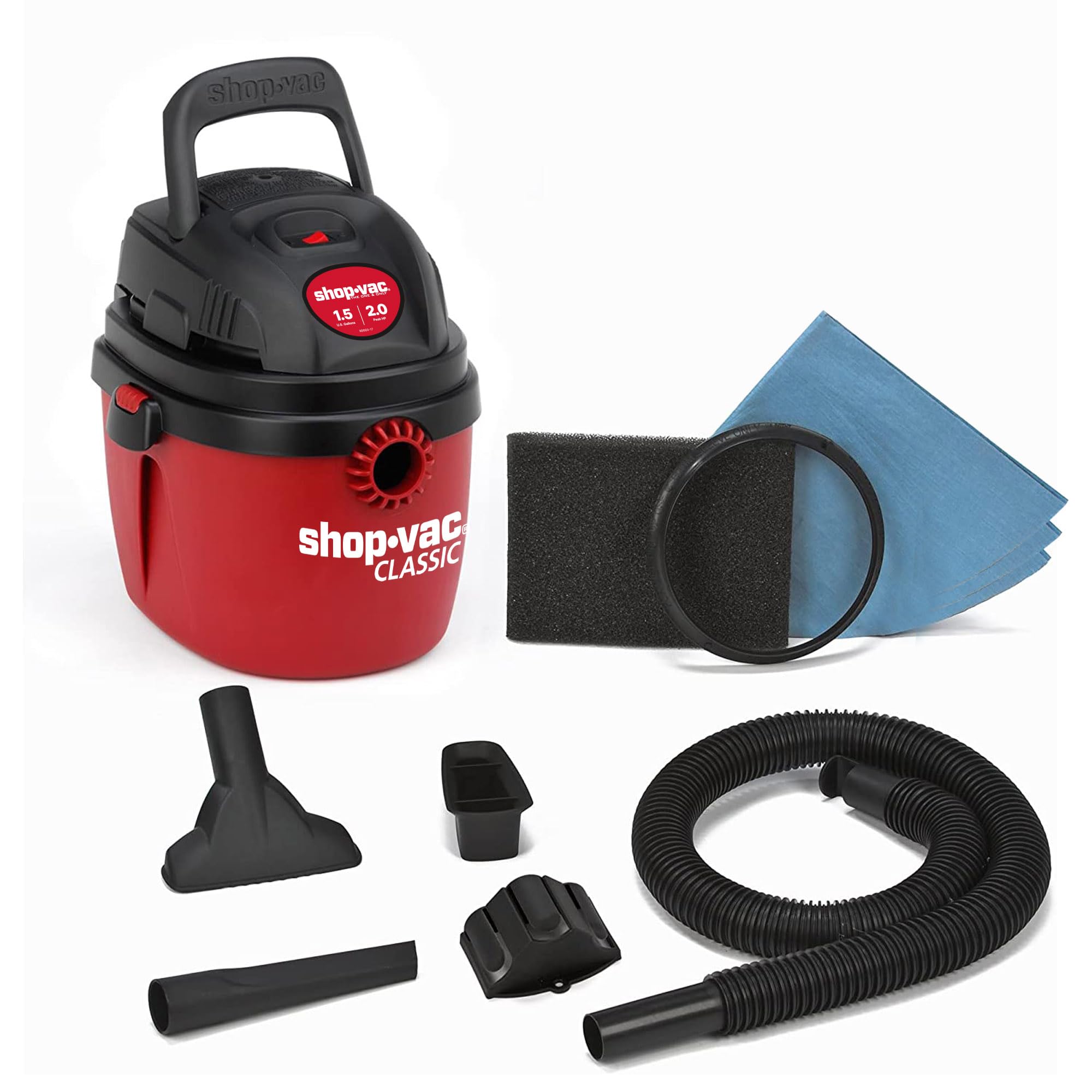 Shop-Vac 1.5 Gallon 2.0 Peak HP Wet Dry Vacuum Cleaner - Portable Compact Shop Vac with Collapsible Handle, Wall Mount Bracket & Accessories (Model 2030100) - Ideal for Home, Garage, Workshop, Car Cleaning & DIY Projects