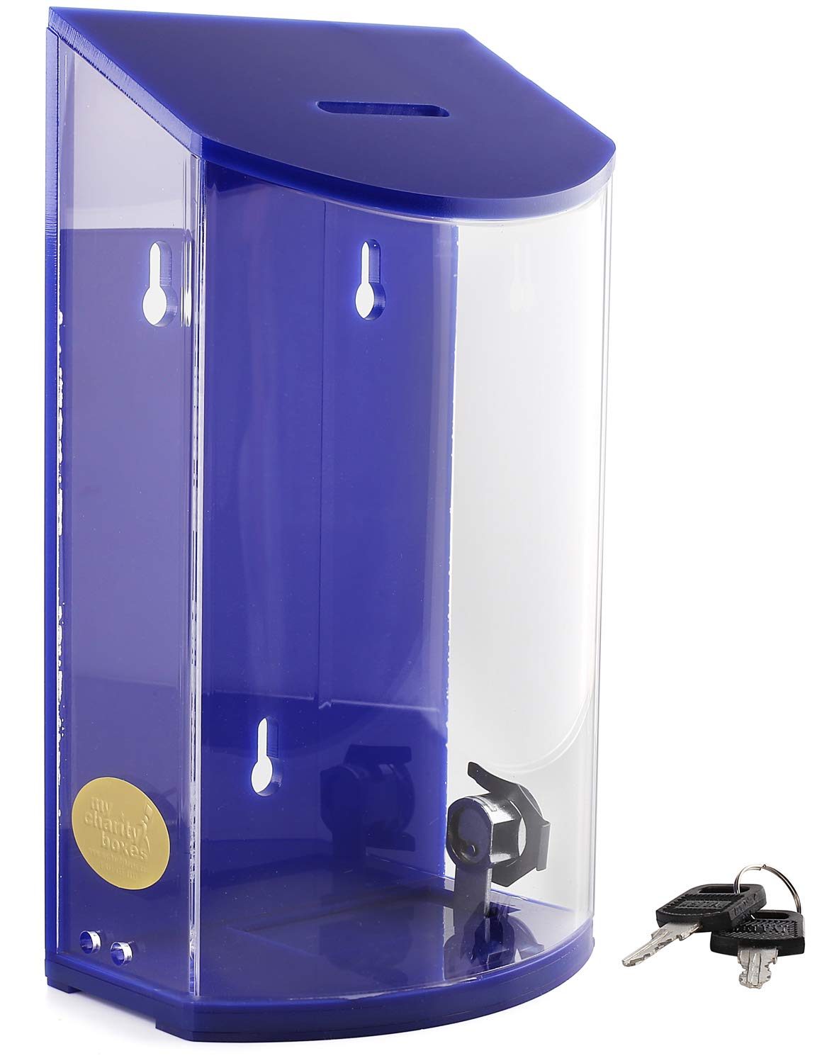 Acrylic Donation Box with Rounded Design - Charity Collection Box for Tips & Tzedakah - Clear Blue Transparent Money Container for Synagogues, Restaurants & Retail Stores
