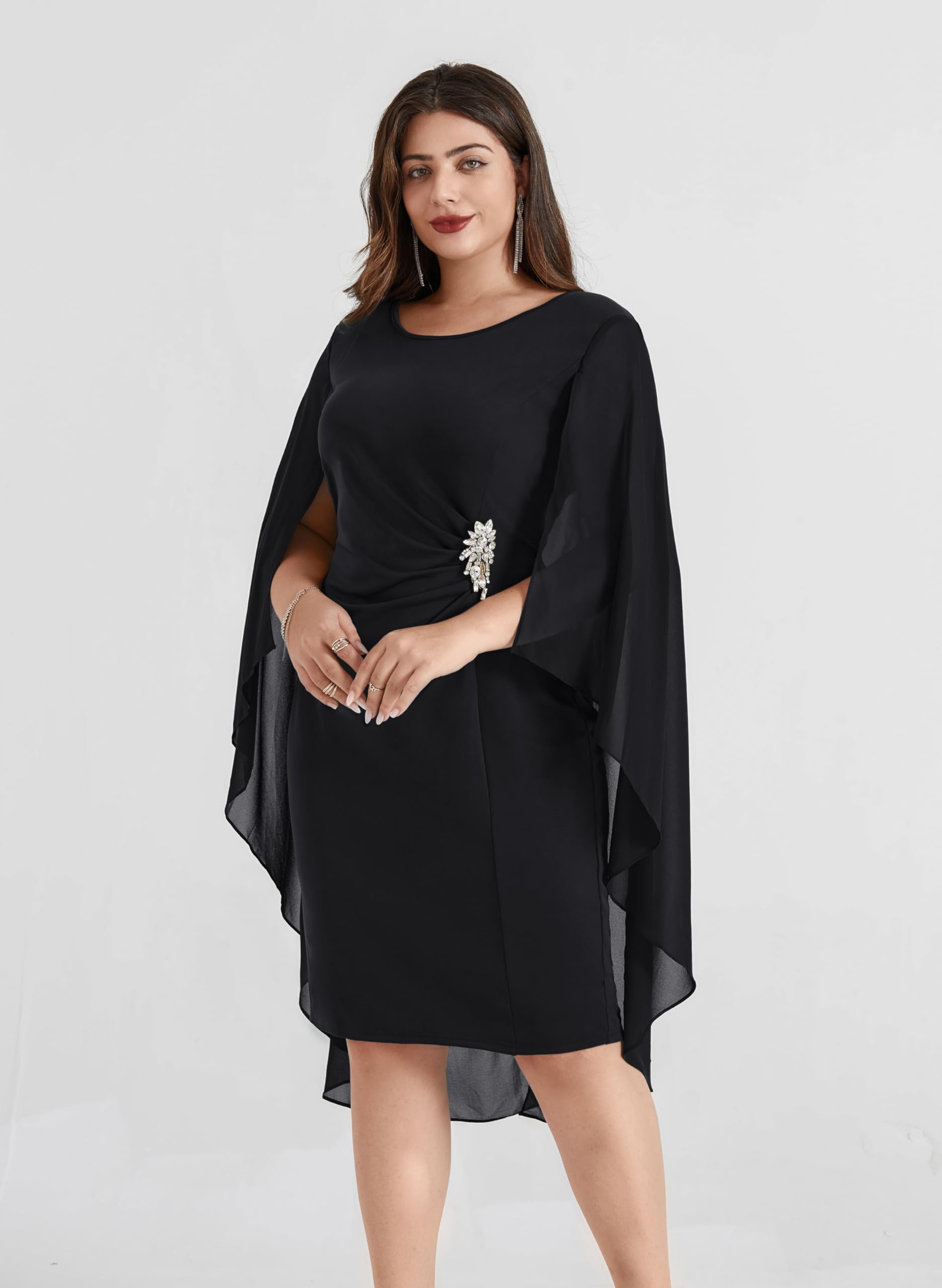 Hanna Nikole Women's Plus Size Chiffon Cape Dress - Crew Neck Ruched Bodycon Cocktail Pencil Dress for Wedding Guest, Party & Special Occasions