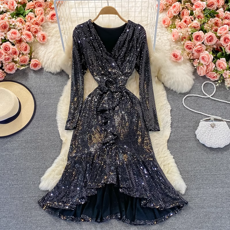Elegant Autumn V-Neck Sequined Ruffled Mermaid Evening Dress for Women - Perfect for Holiday Parties, Prom, Wedding Guest & Special Occasions