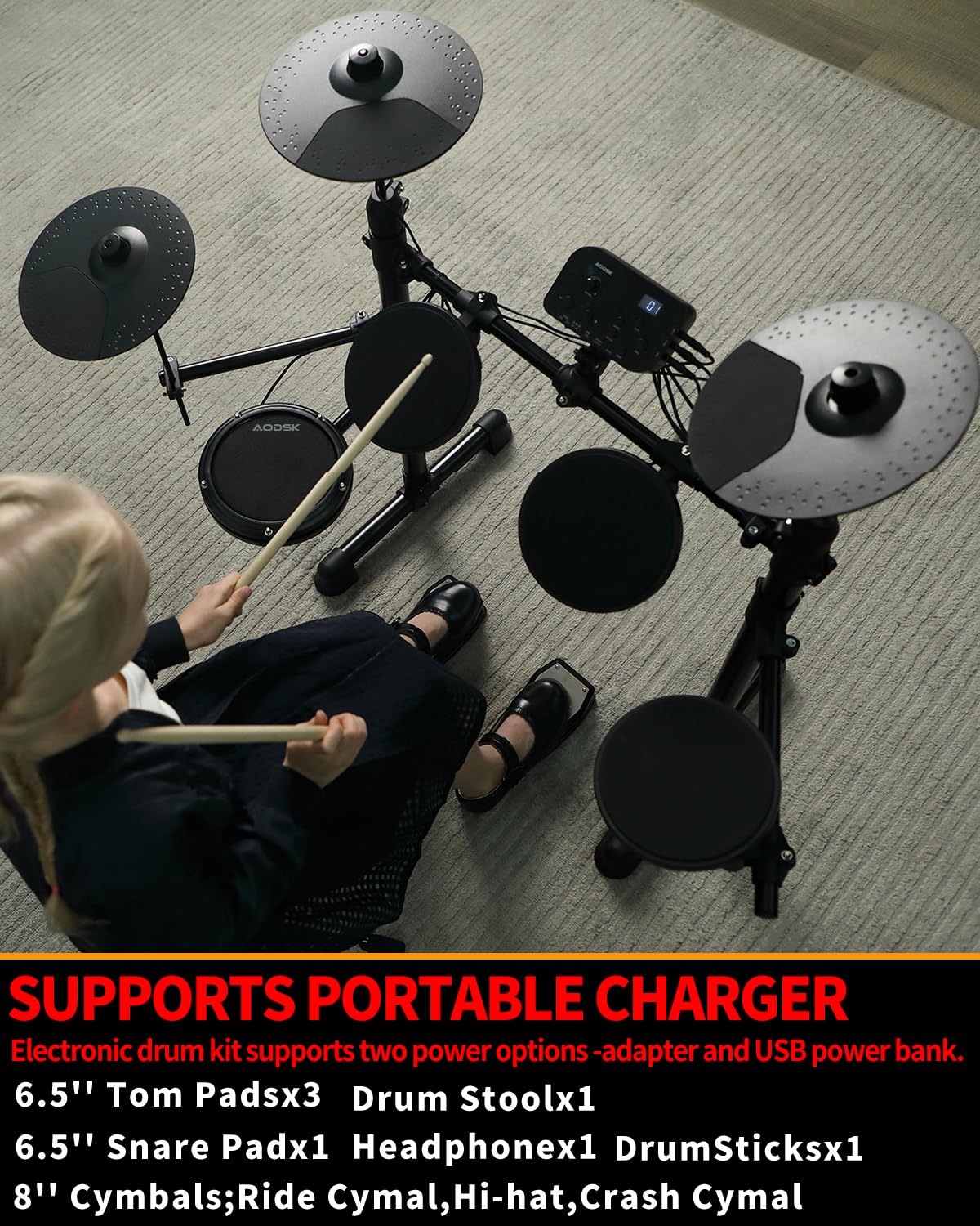 **AODSK AED-400 Electronic Drum Set for Beginners & Kids – 150 Sounds, 4 Quiet Drum Pads, 2 Switch Pedals, Drum Throne, Drumsticks & On-Ear Headphones – Perfect for Home Practice, Music Lessons & Quiet Play**