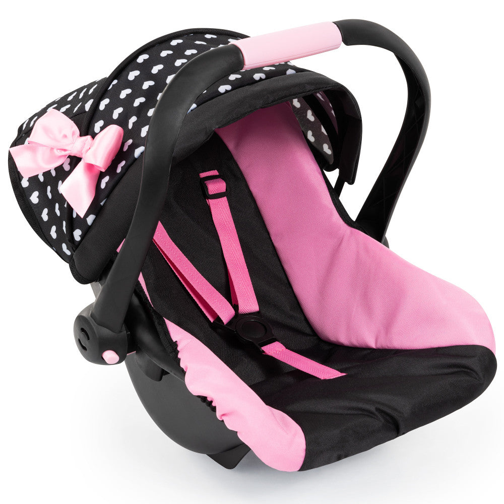 Bayer Design Deluxe Doll Car Seat - Black & Pink Hearts Pattern, Safe & Comfortable Doll Accessory for American Girl, Barbie & 18