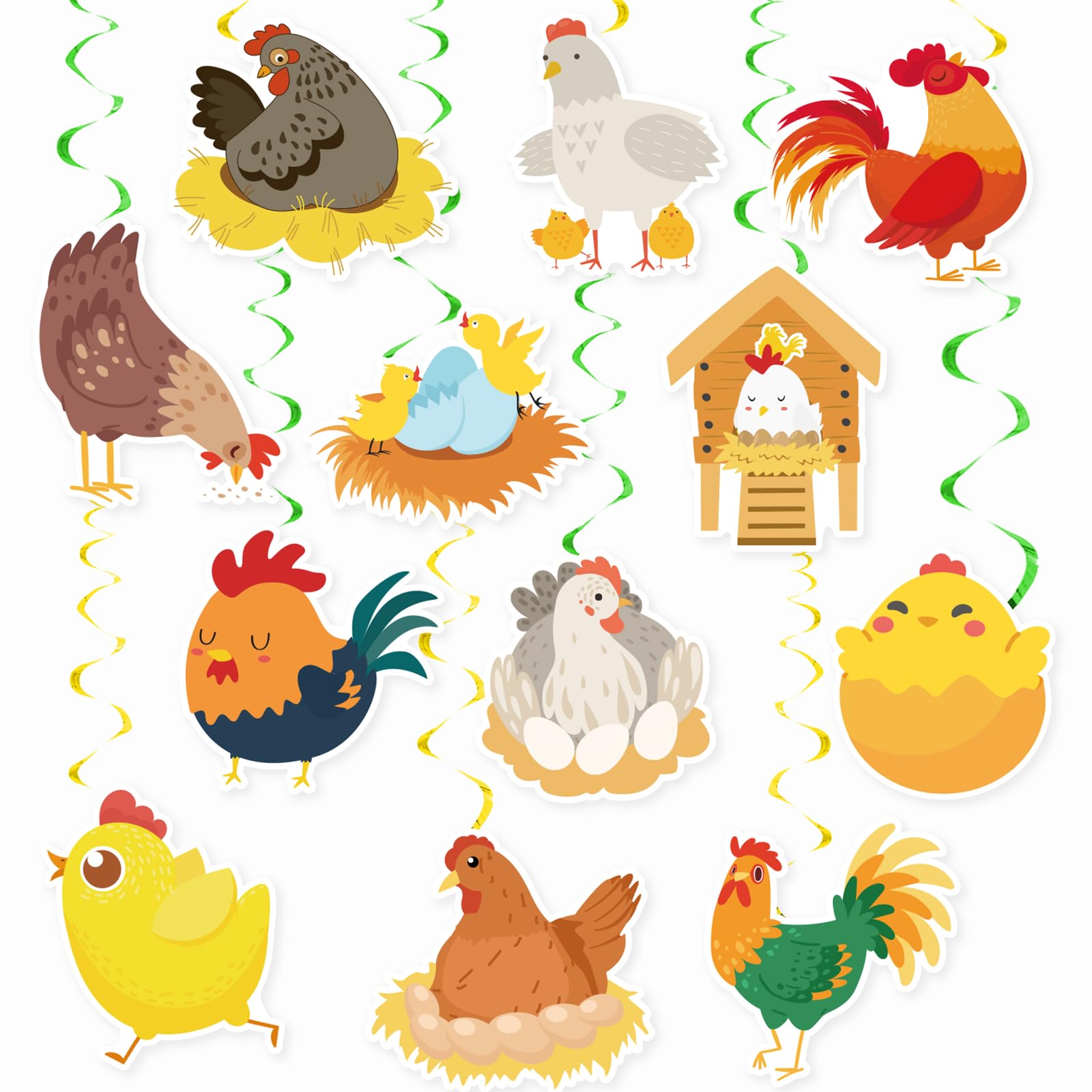 24 Pcs Chicken Hanging Swirls - Farm Animal Ceiling Decorations for Chicken Themed Birthday Parties, Baby Showers & Farmhouse Decor - Perfect for Poultry Lover Gifts & Country Style Home Decor