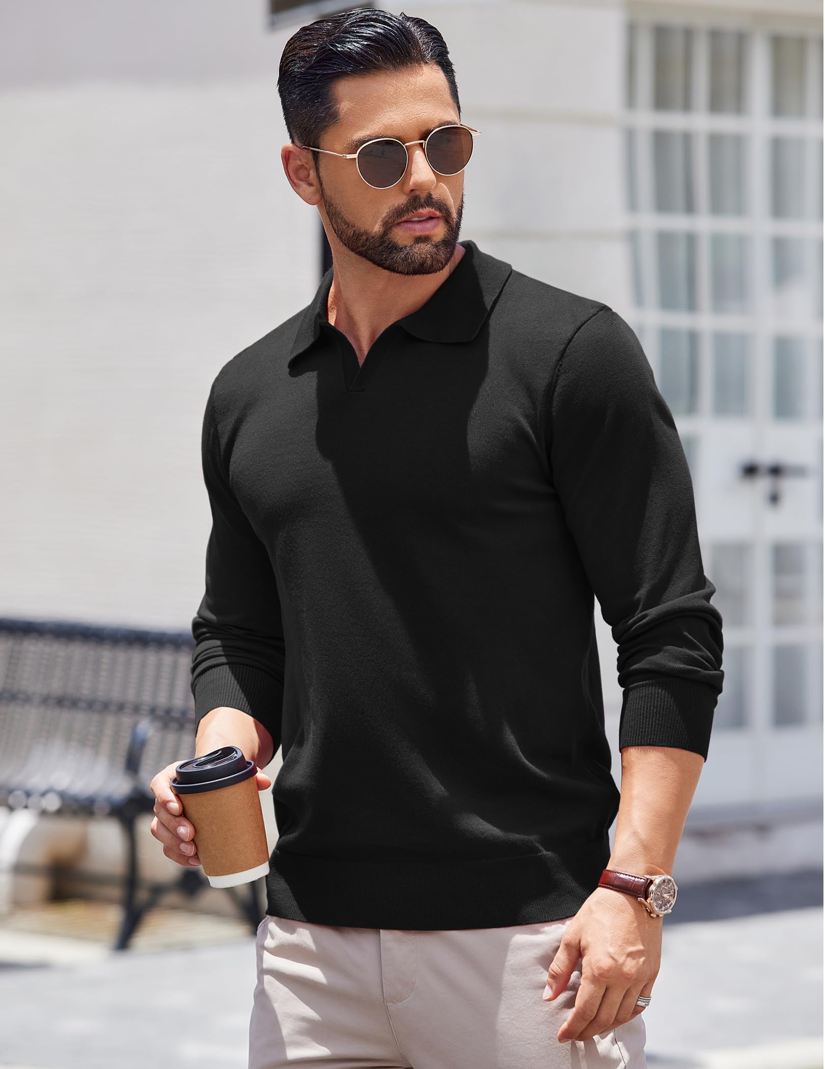 COOFANDY Men's Lightweight Ribbed Knit Polo Sweater - Long Sleeve Pullover Shirt for Casual & Business Wear | Perfect for Office, Date Night & Fall Layering