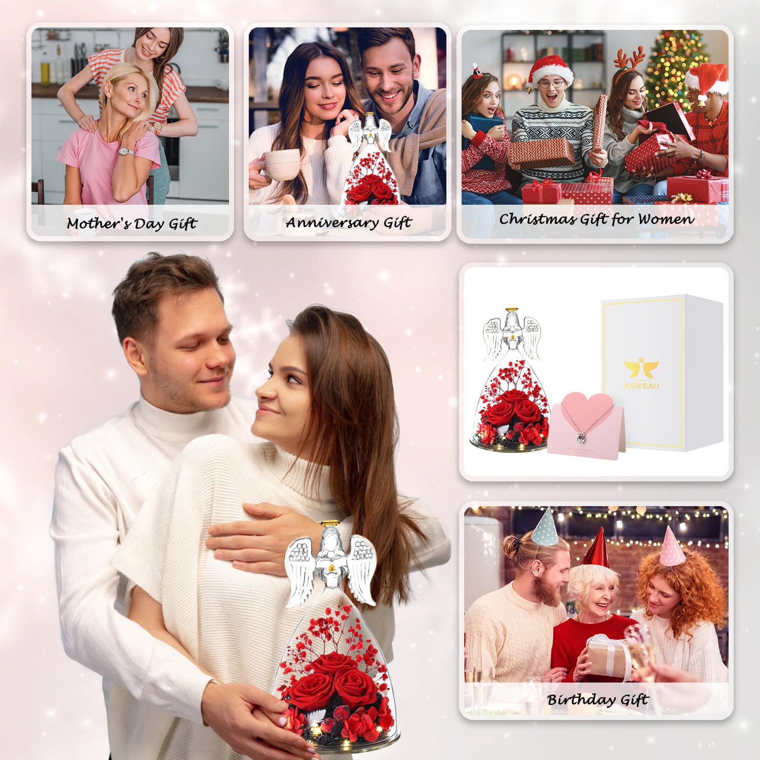 ANWEAO Preserved Rose in Glass Angel Figurine - Eternal Red Rose Gift for Mom, Grandma, Wife, Sister | Mother's Day, Birthday, Anniversary Present | Home Decor, Wedding Centerpiece, Romantic Gift Idea