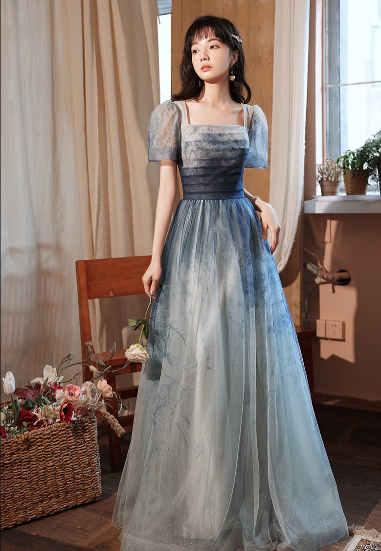 Gradient Blue A-Line Prom Dress with Short Sleeves - Elegant Formal Party Gown for Homecoming, Wedding Guest & Special Occasions
