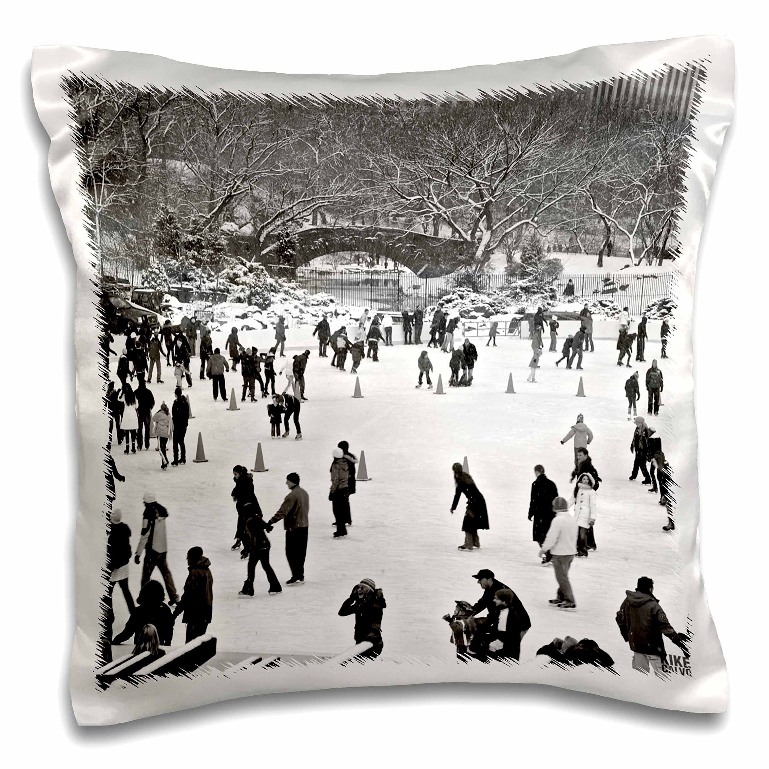 3dRose Snow Blizzard in Central Park Manhattan New York City Ice Skate Ring Decorative Pillow Cover, 16x16 Inch - Winter Home Decor for Living Room, Bedroom, or Seasonal Holiday Display
