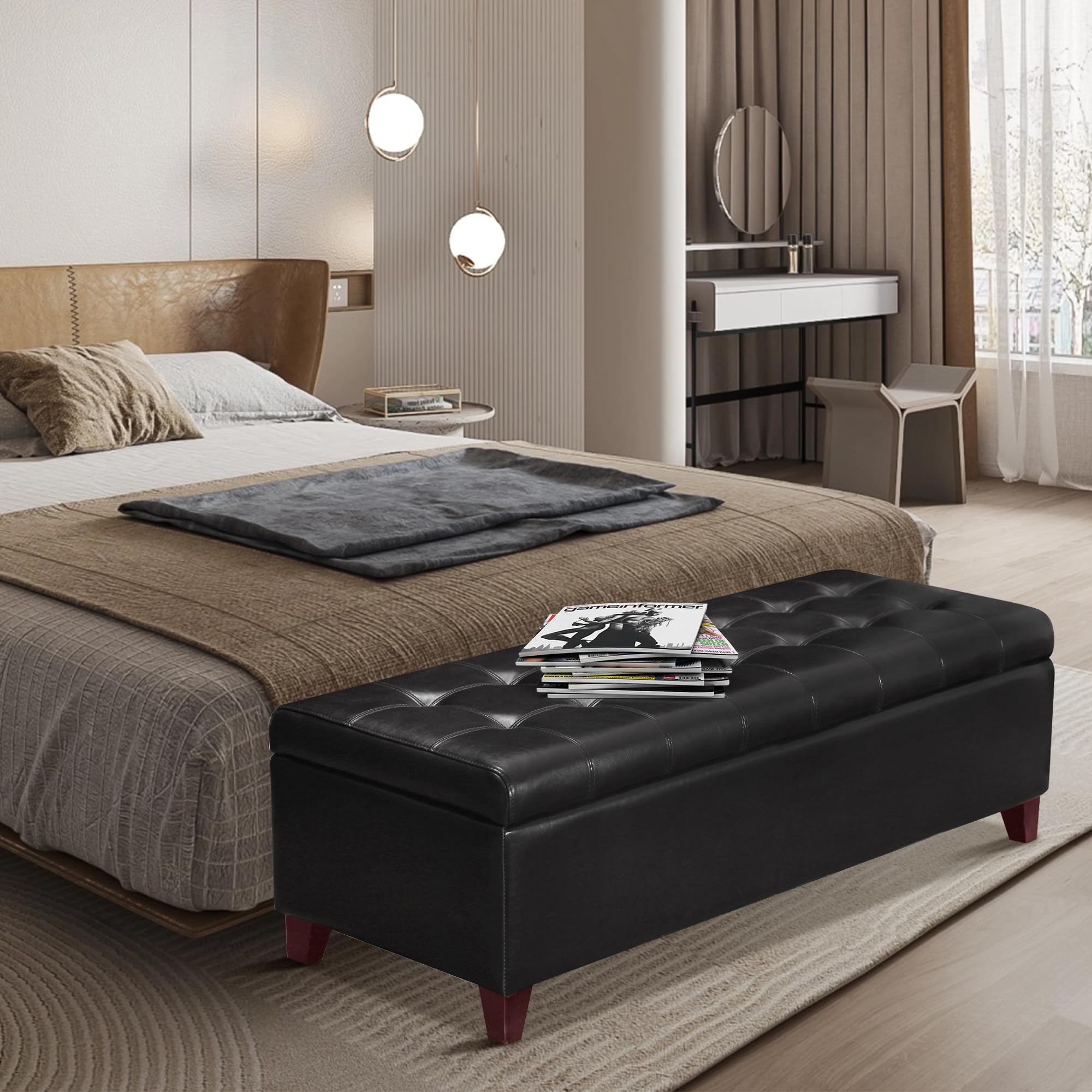 Storage Ottoman Bench with Wooden Legs - Upholstered Rectangle Storage Seat for Bedroom & Living Room - Perfect for End of Bed Storage, Extra Seating & Home Organization