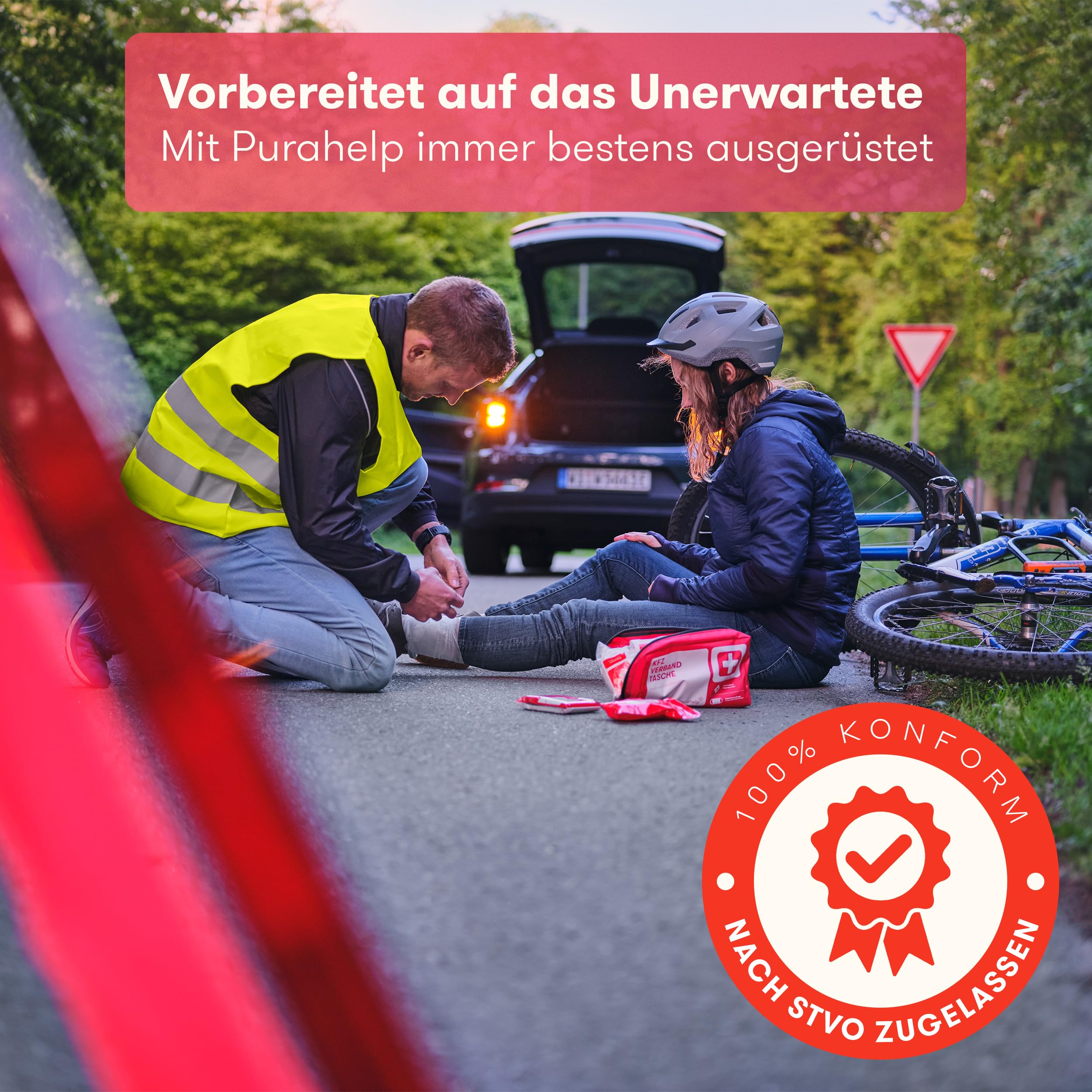PURAHELP First Aid Kit for Car - 2025 DIN 13164 & StVO Compliant Emergency Medical Kit | Compact Vehicle Safety Kit for Road Trips, Workplace & Home Emergencies
