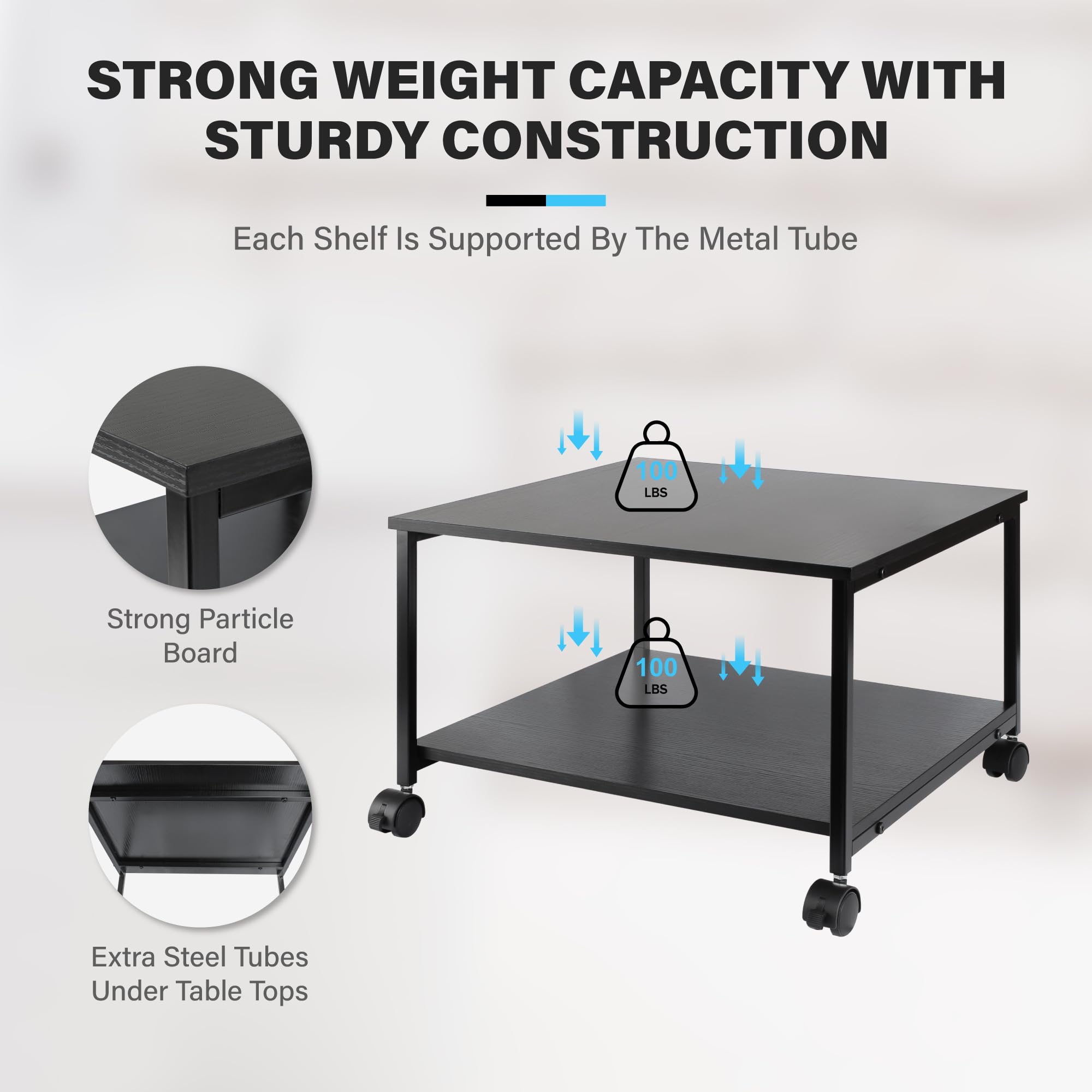 EMERIT 2-Tier Under Desk Printer Stand with Storage - 19.5x19.5x12.8 Inch Heavy Duty Rolling Cart, Mobile Printer Table with Lockable Wheels for Home Office Organization - Industrial Style Workspace Solution for Laser/Inkjet Printers, Scanners and Office Supplies