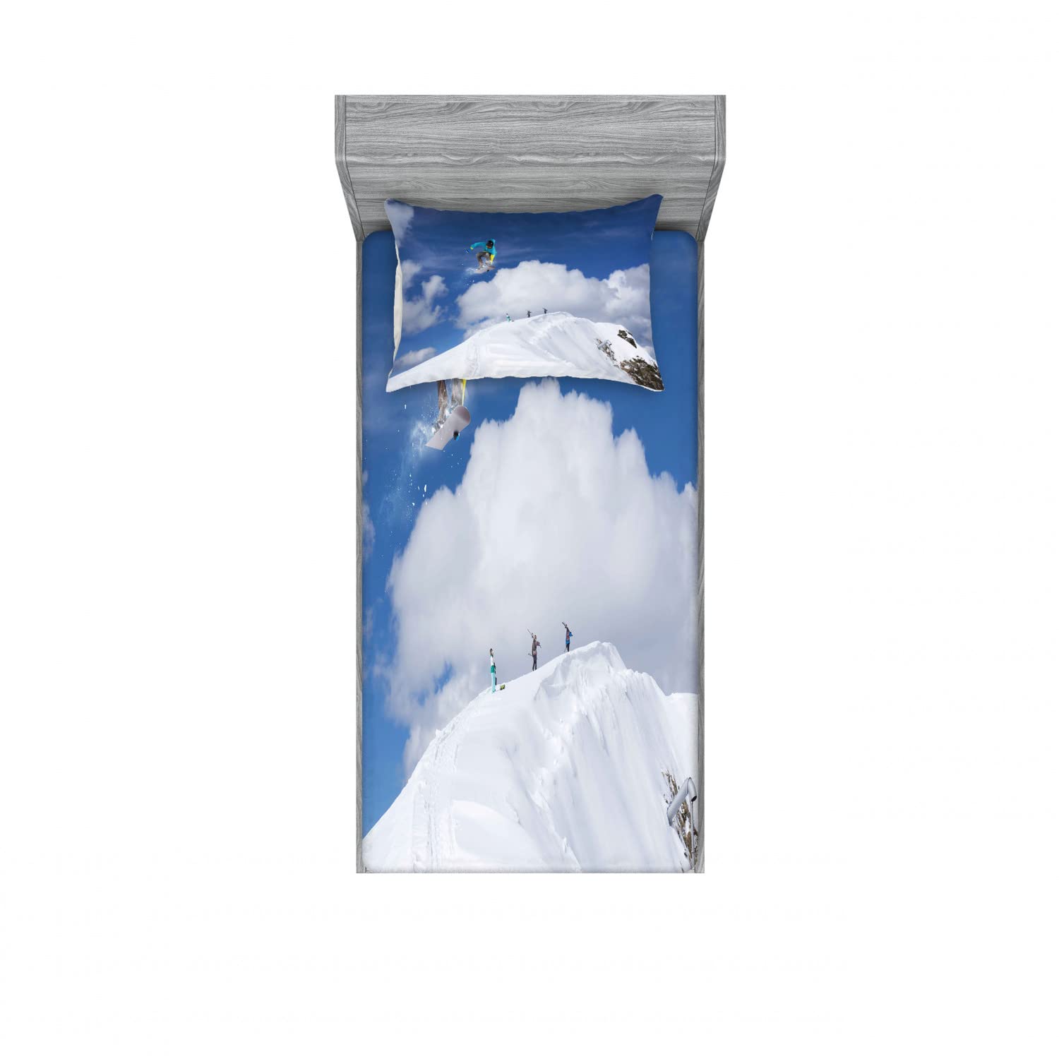 Ambesonne Winter 2-Pack Twin XL Fitted Sheet & Pillow Sham Set - Snowboarder Mountain Design, Blue & White 4-Piece Bedding Decor (2 Fitted Sheets + 2 Pillow Covers) - Perfect for Ski Lodges, Winter Cabins & Snow-Themed Bedrooms