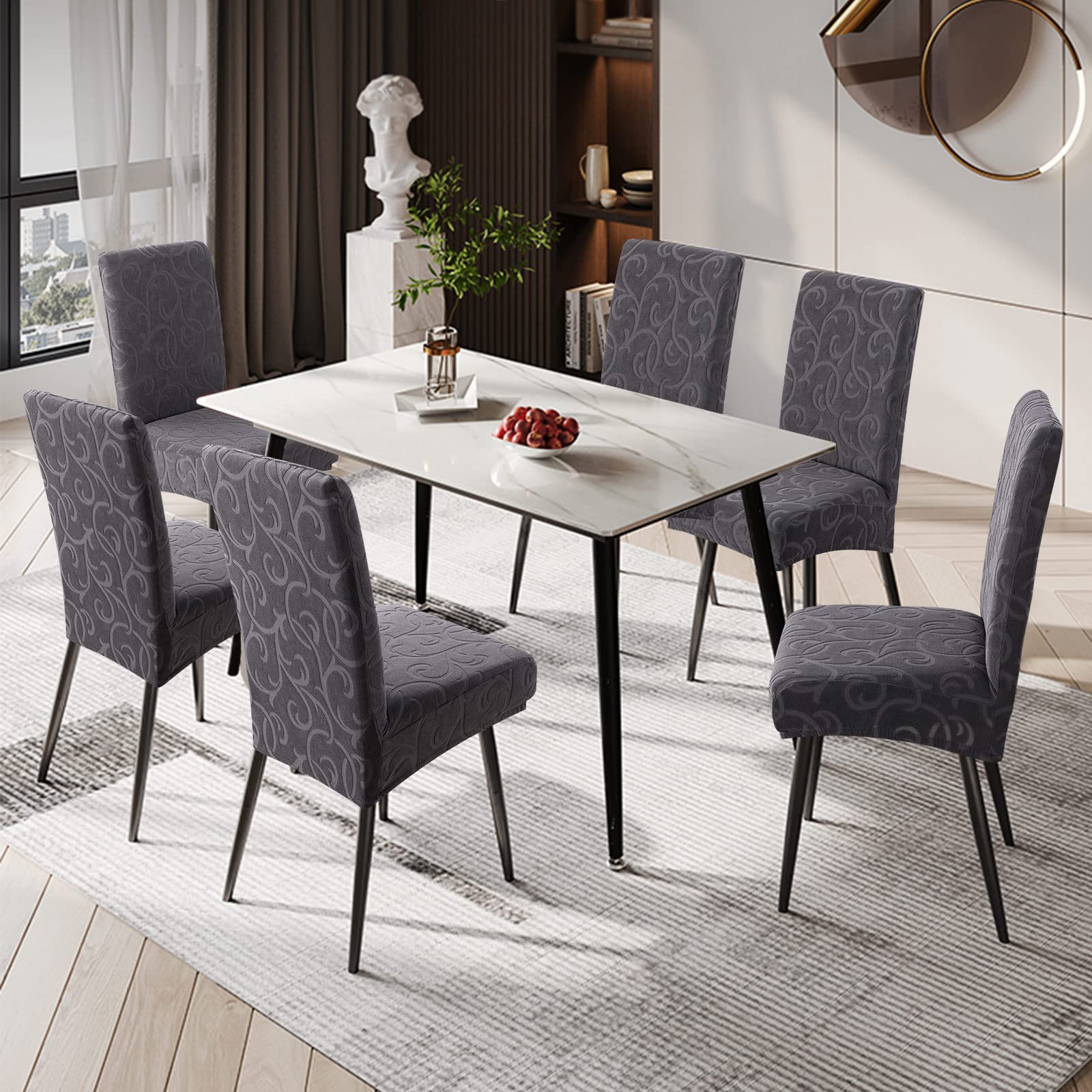 Waterproof Stretch Parsons Chair Slipcovers - 6 Pack Washable Dining Room Chair Covers for Kitchen, Removable & Durable Seat Protectors (Flower Pattern Dark Gray) - Perfect for Home, Restaurant, and Outdoor Use