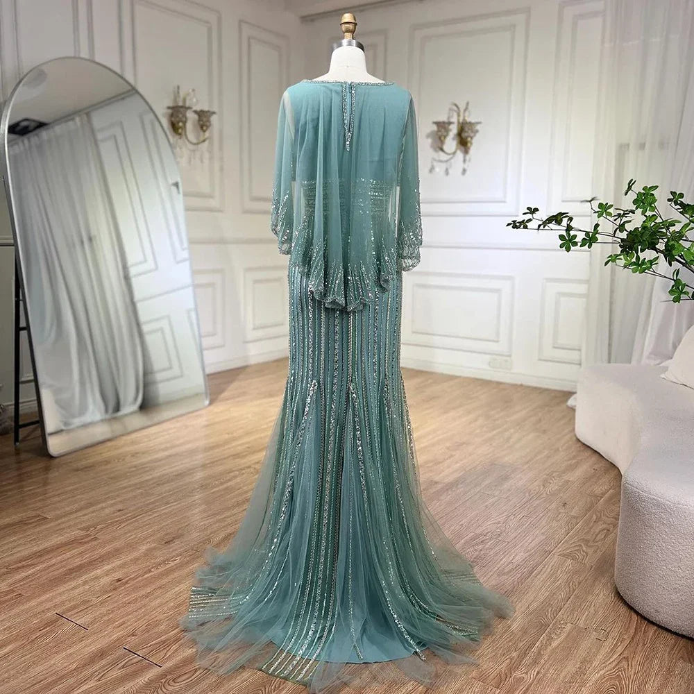 Elegant Turquoise Mermaid Evening Gown with Beaded Cape - Luxury Dubai Style Wedding Dress for Women | Perfect for 2025 Weddings, Formal Parties & Red Carpet Events