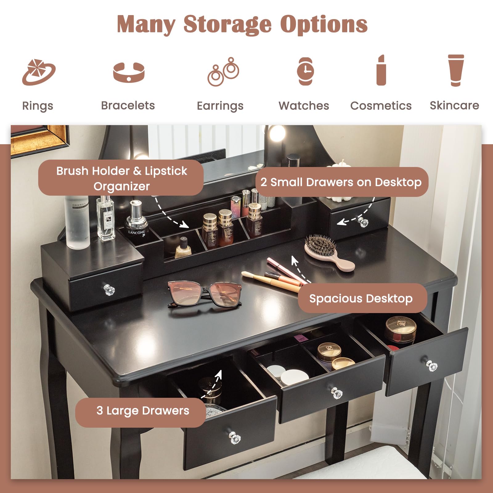 Charmaid Vanity Desk with LED Lights & Mirror - Modern Makeup Dressing Table with 5 Storage Drawers, 3-Color Lighting Modes & Adjustable Brightness - Includes Vanity Stool (Black) - Perfect for Bedroom, Dressing Room & Beauty Salon Setup