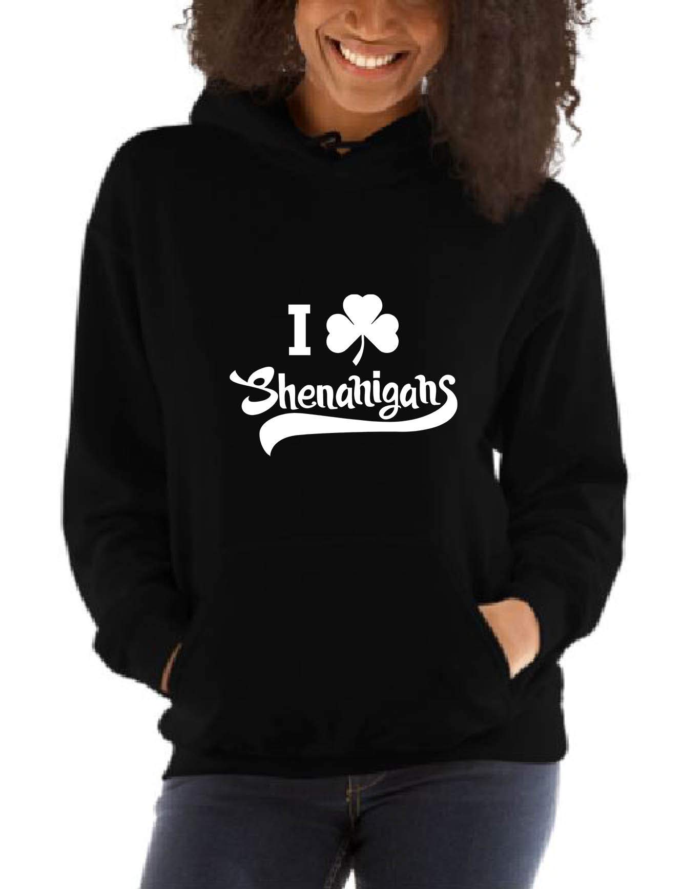 ALLNTRENDS Adult Hoodie - I Love Shenanigans St. Patrick's Day Top with Irish Shamrock Design | Perfect for St. Paddy's Day Parties & Casual Wear