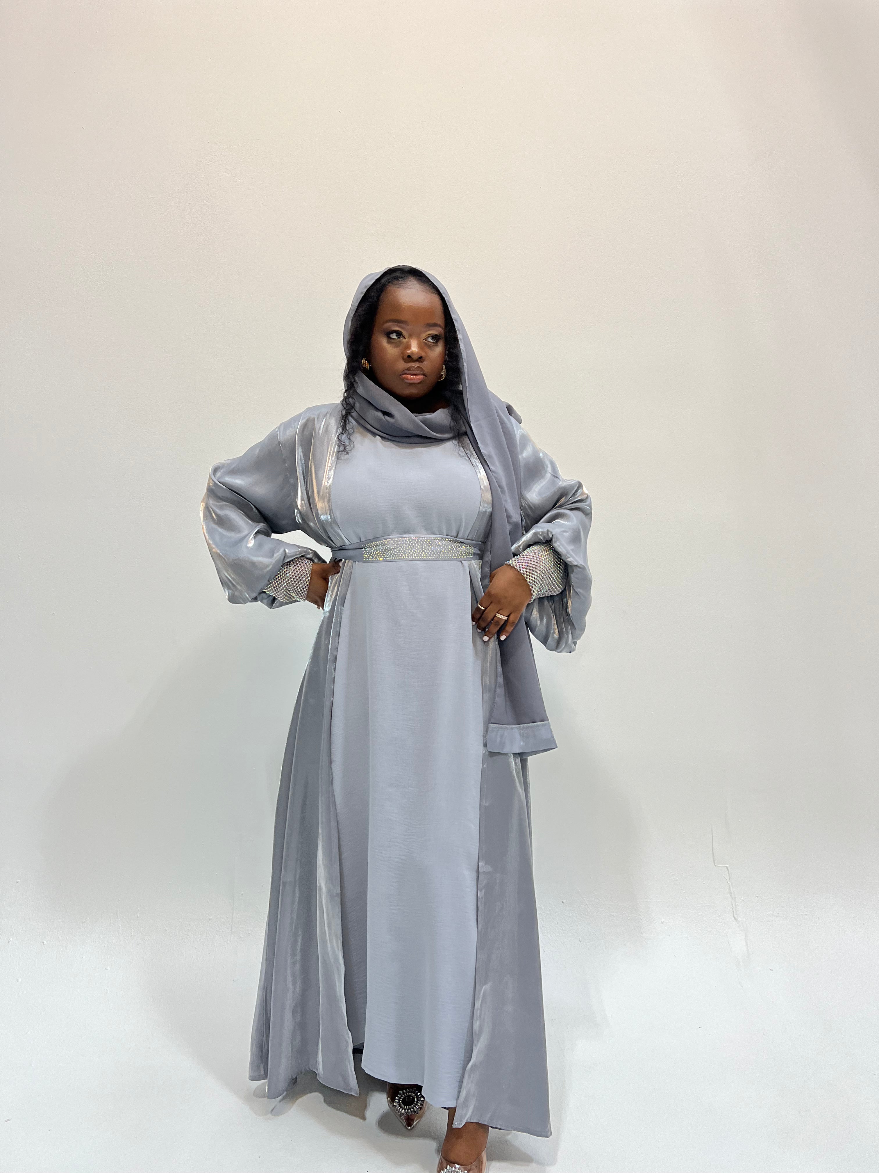 Naomi 3-Piece Abaya Set in Silver - Elegant Islamic Prayer Dress for Women, Perfect for Eid, Ramadan, and Special Occasions