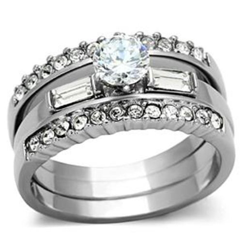 5x5mm Round CZ Center Tarnish-Free Stainless Steel Wedding & Engagement Ring Set for Women - Elegant Bridal Jewelry for Proposals, Anniversaries & Special Occasions