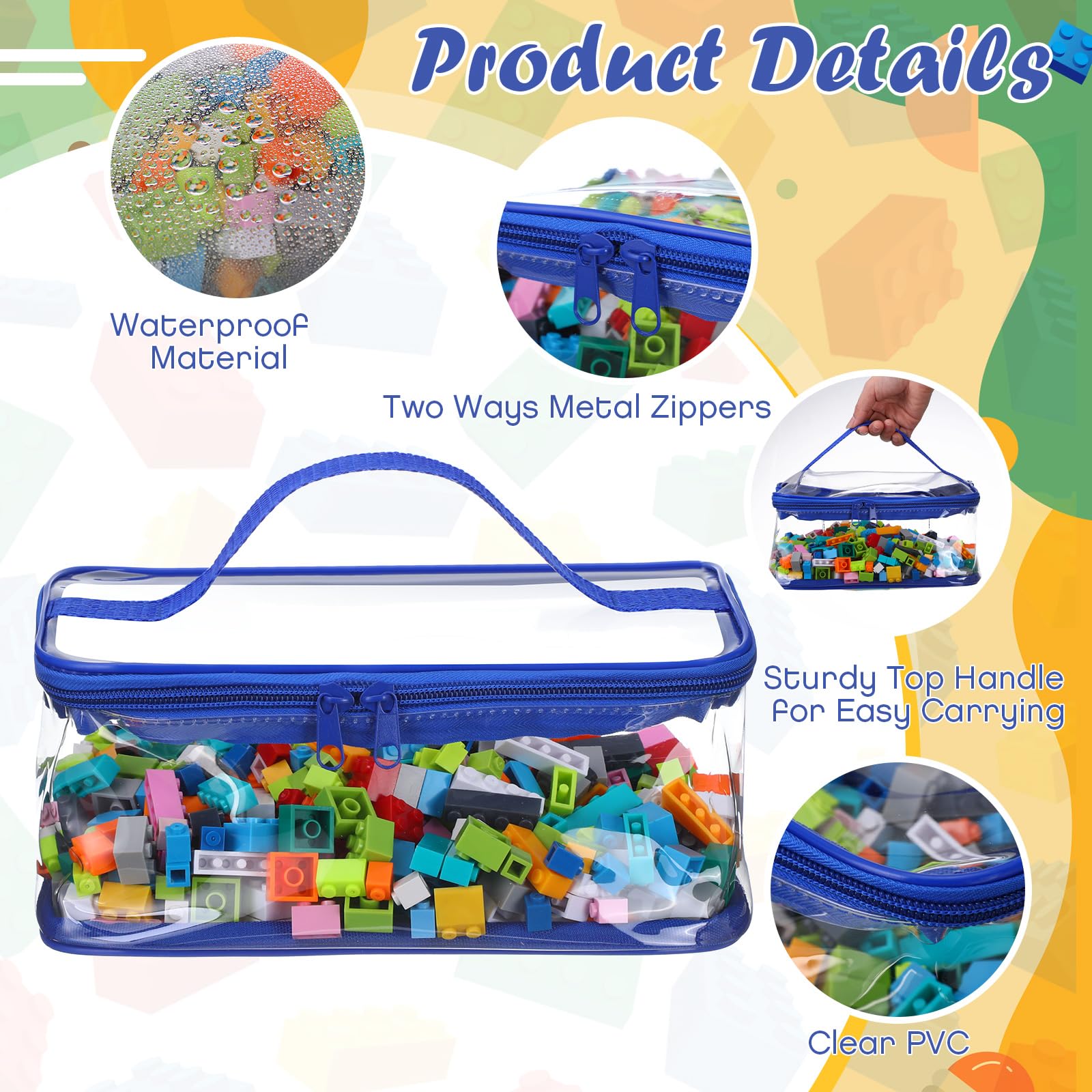 Nitial 6-Pack Clear PVC Zippered Toy Storage Bags - Waterproof Organizer for Building Blocks, Board Games & Small Toys (Bright Colors) - Perfect for Kids' Room, Playroom & Travel Organization