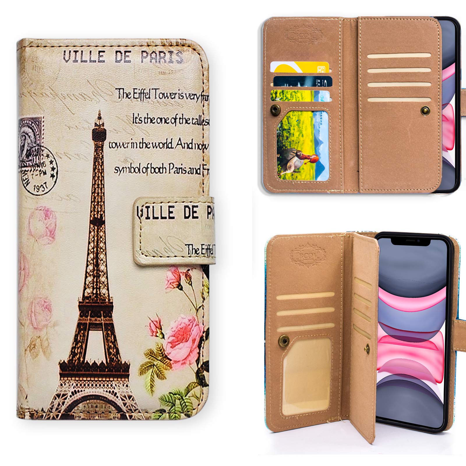 iPhone 12 Pro Max Leather Wallet Case - Paris Tower Design with Multi Card Slots, Flip Cover & Wrist Strap | Slim Protective Phone Cover for Women & Men | Perfect for Travel, Shopping & Everyday Use