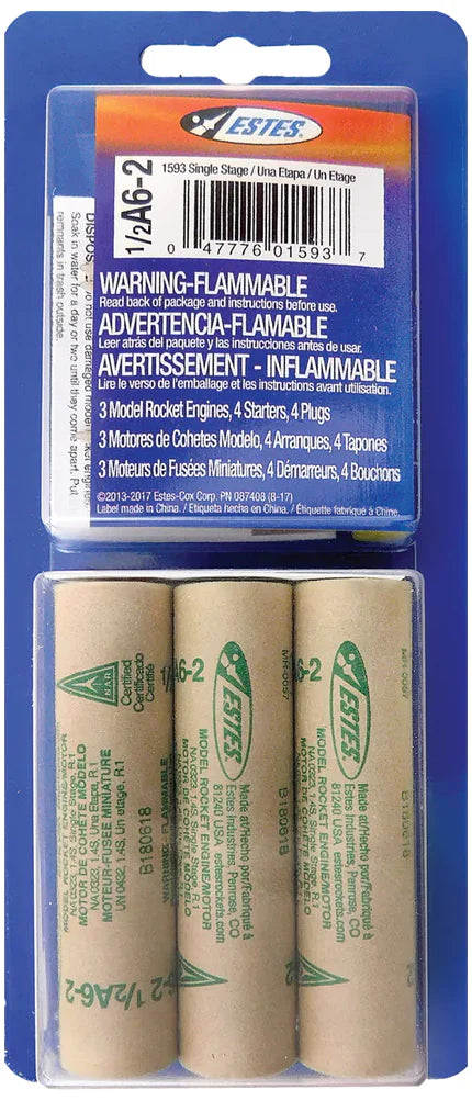 Estes 1/2A6-2 Model Rocket Engines Pack - 3 Engines with Starters & Plugs (1593) for STEM Education, School Science Projects & Outdoor Rocket Launching Activities