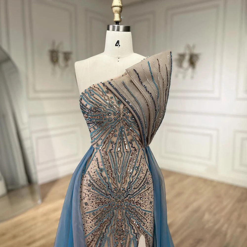 Luxury Beaded Mermaid Evening Dress with Overskirt - Serene Hill Blue High Slit Dubai Wedding Party Gown for Women 2025 | Elegant Formal Wear for Red Carpet, Gala & Special Occasions