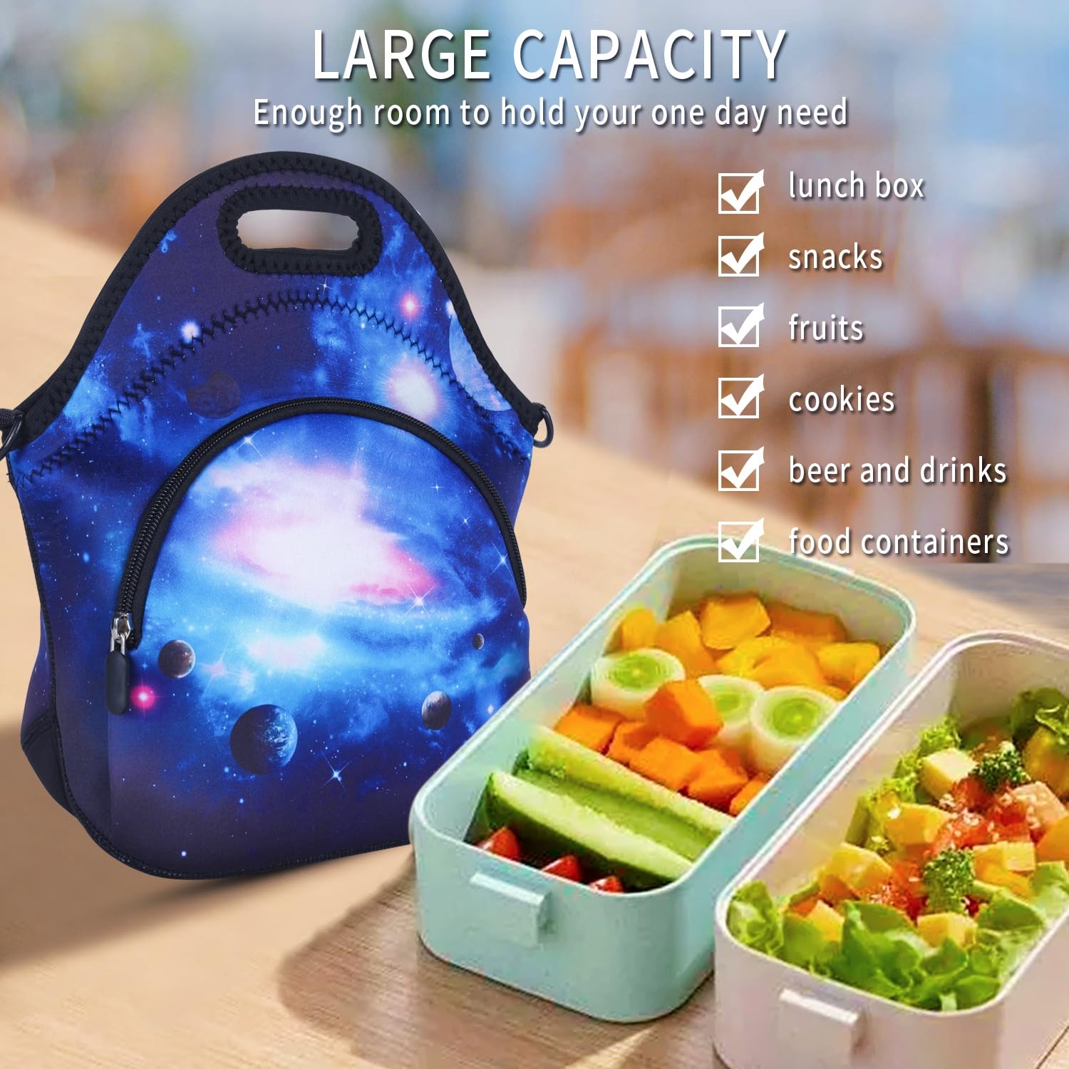 Violet Mist Insulated Neoprene Lunch Bag for Women & Men - Thermal Lunch Tote with Adjustable Shoulder Strap, Extra Pocket & Detachable Design | Perfect for Office, School, Picnics & Outdoor Activities | Galaxy Space Blue Star Sky Pattern