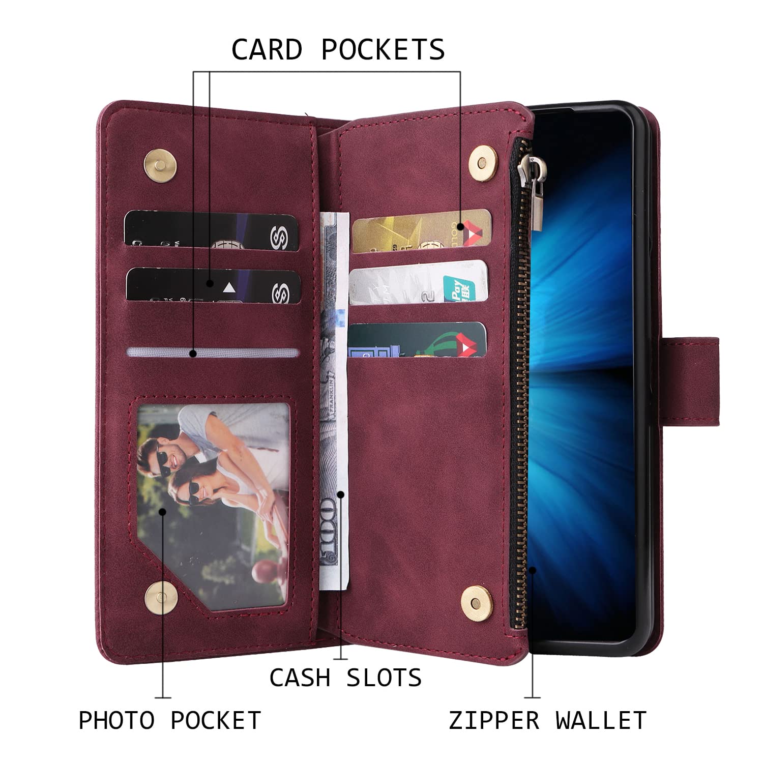 Samsung Galaxy Z Fold 4 Magnetic Leather Wallet Case with 6 Card Slots & Hand Strap - Shockproof Flip Cover with Zipper Pocket & Stand Feature for Z Fold 4 - Perfect for Business, Travel & Daily Use (Red)