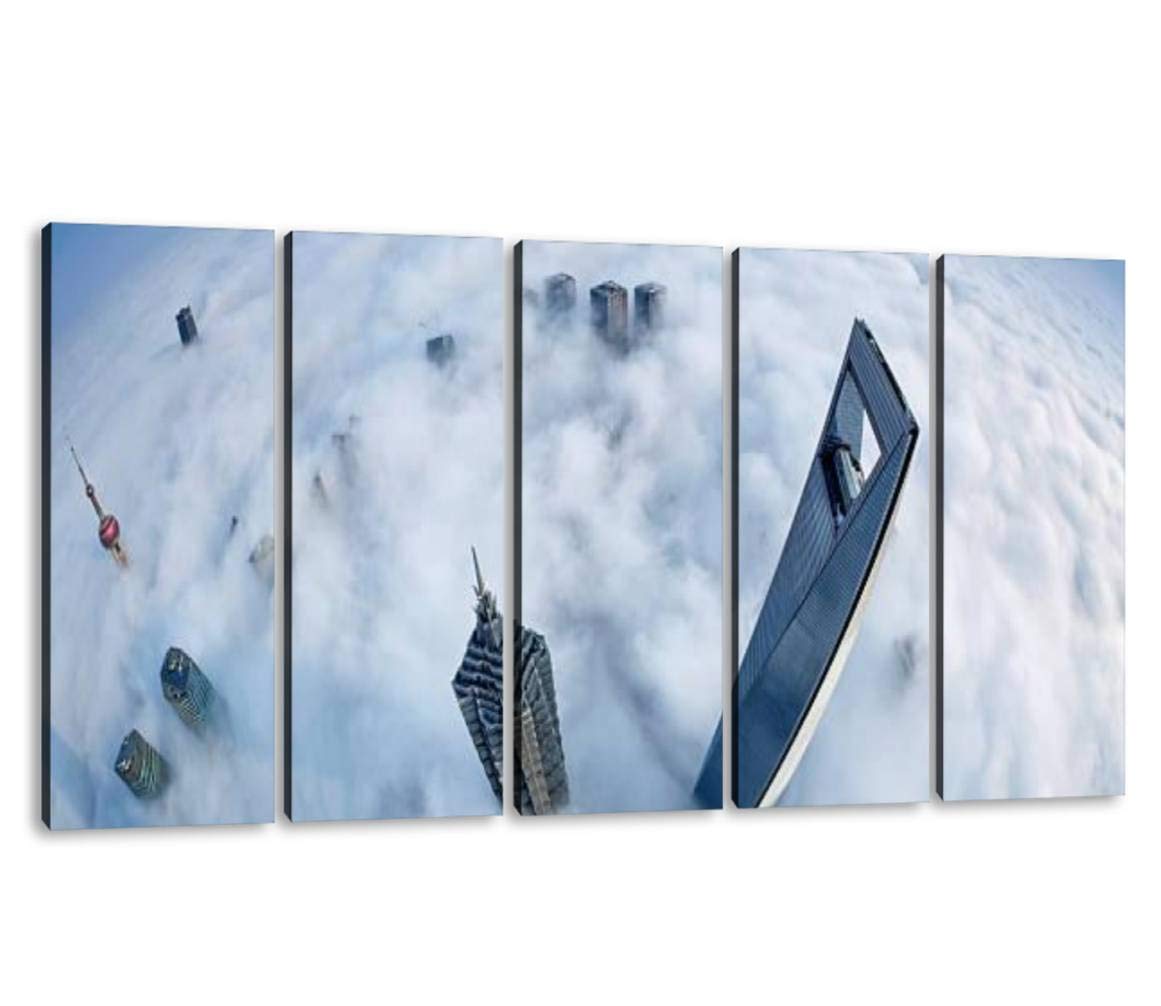 KiiAmy 5-Panel Canvas Wall Art - Shanghai Skyline in Sea of Clouds Framed Painting, Modern Home & Office Decor (60x32 Inches), Ready to Hang | Perfect for Living Room, Bedroom & Workspace Décor