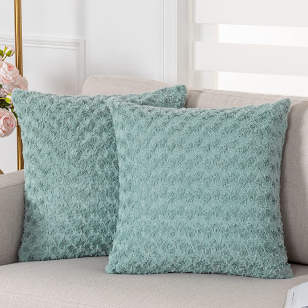 Luxury Soft Plush Faux Fur Throw Pillow Covers - 2 Pack (18x18 Inches) Blue Turquoise Decorative Couch Pillow Covers for Living Room, Bedroom & Home Decor - Mongolian Fur Style Cozy Accent Pillows