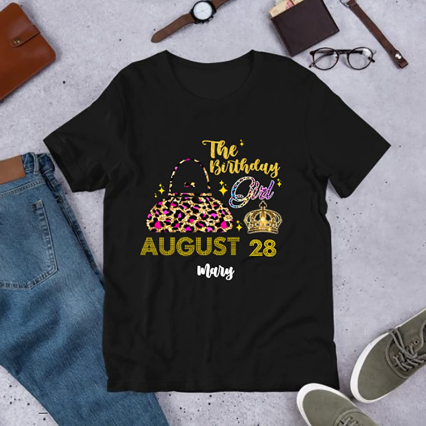 Personalized August Birthday Girl Bag Crown Name & Age Shirt 2022 - Rhinestone Bling Tee for Women - Perfect for 50th Birthday Parties & Special Celebrations