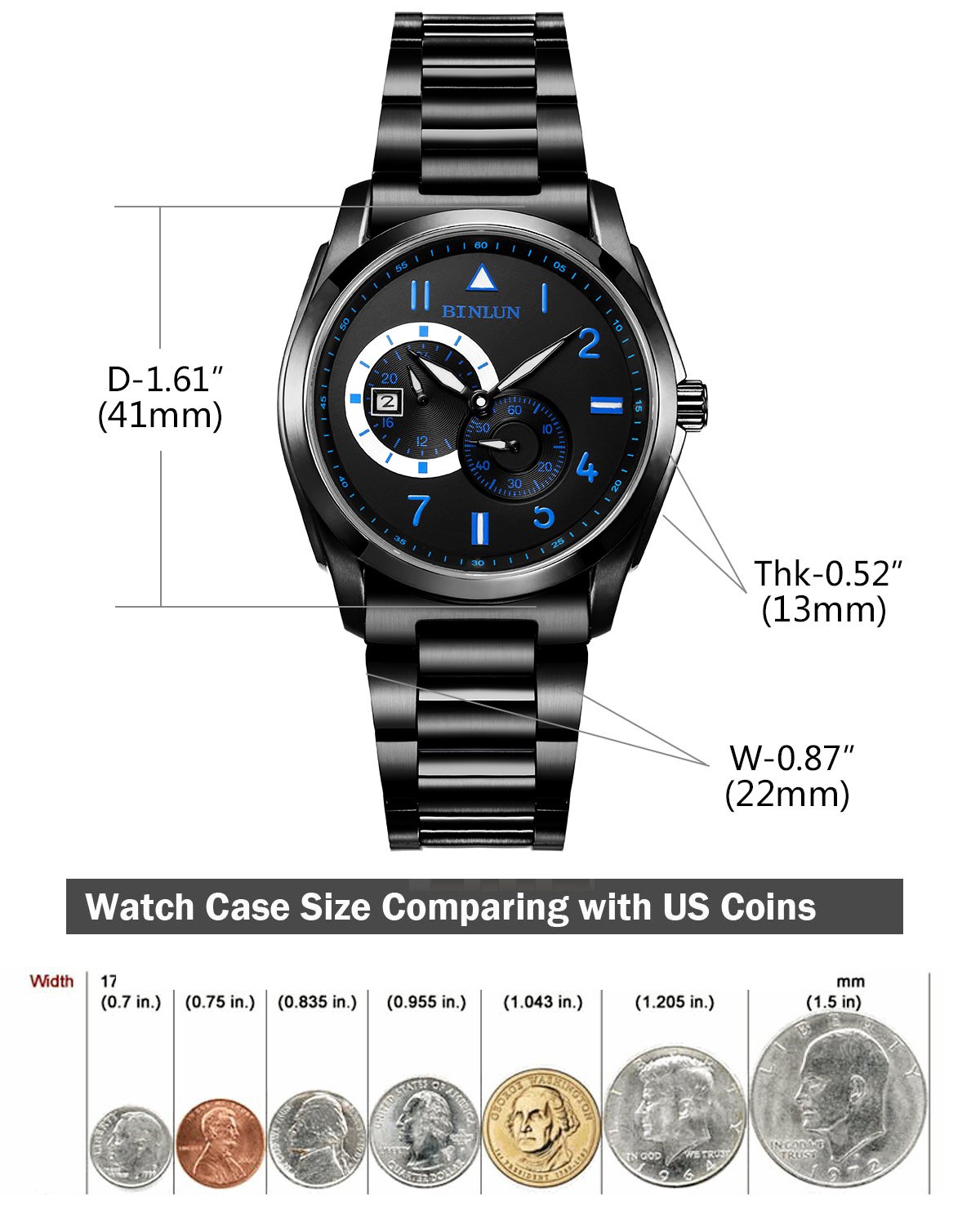 BINLUN Black Men's Automatic Waterproof Military Watch - Stainless Steel Wristwatch with Date Display - Perfect for Father's Day, Christmas Gifts, Outdoor Adventures & Formal Occasions