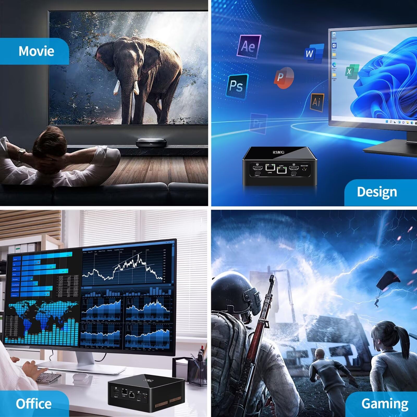 SJRC Mini PC 13th Gen Intel U300 - Small Business Desktop Computer with Dual 2.5GbE LAN, 32GB DDR5 RAM, 1TB PCIe4.0 NVMe SSD, WiFi 6, BT5.2, USB 3.2, Windows 11 Pro - Perfect for Home Office, Gaming & Digital Signage