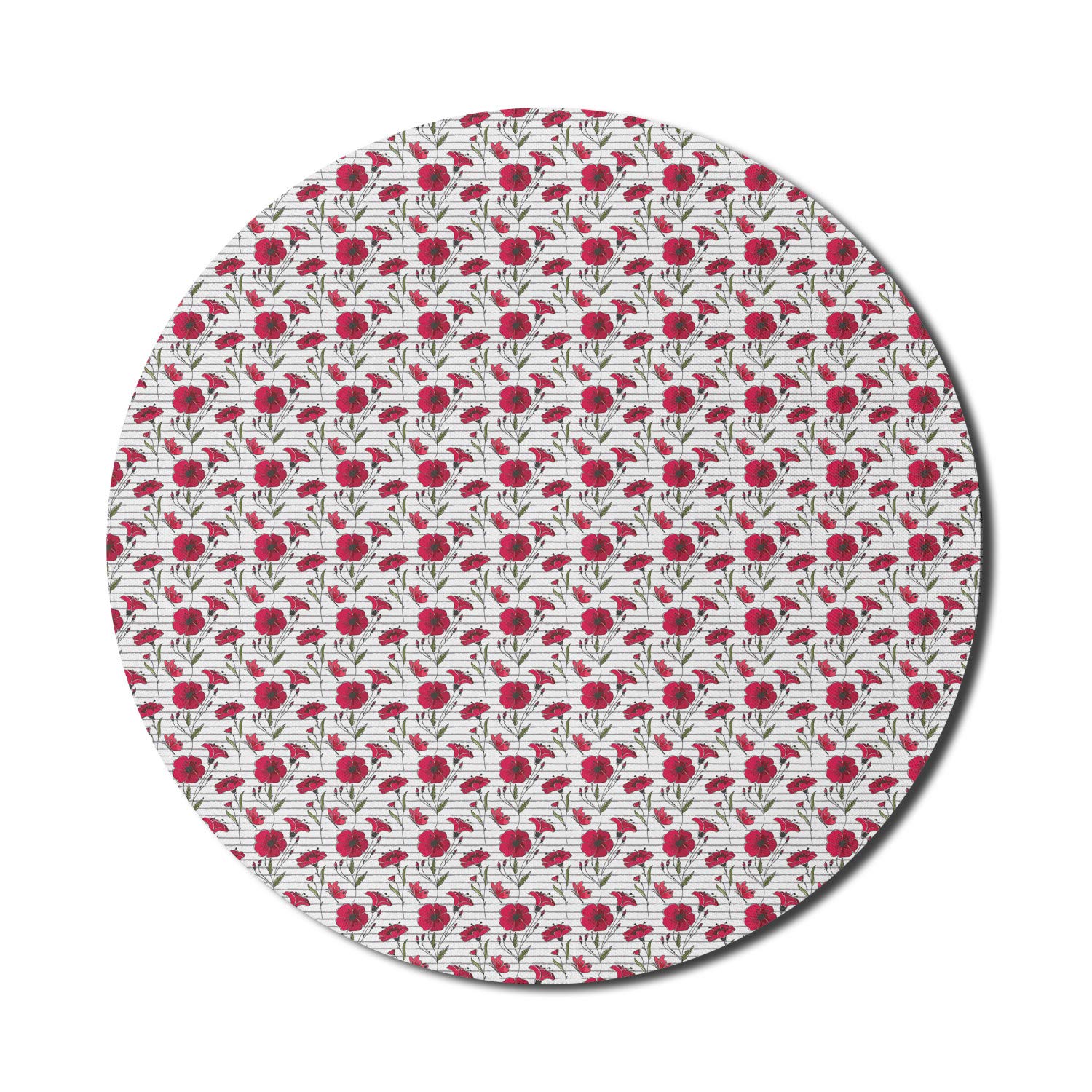 Ambesonne Floral Computer Mouse Pad - Non-Slip Round Gaming Mousepad with Poppy Flowers & Butterflies Design, 8 Inch Thick Rubber Base in Dark Coral & Olive Green - Perfect for Office, Home & Gaming Setup
