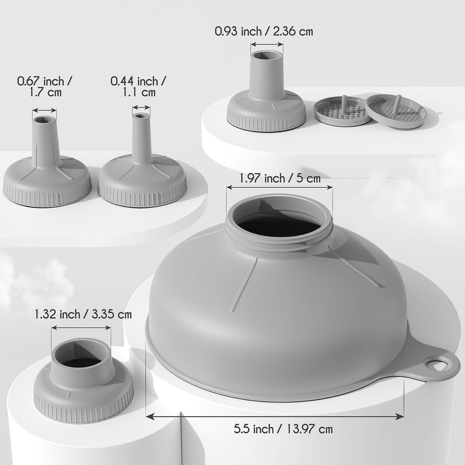 **4-Piece Wide Mouth Kitchen Funnel Set - Food Grade Plastic Canning Funnel with 4 Size Spouts & 2 Strainers for Bottles, Jars & Bags - Perfect for Home Canning, Cooking, and DIY Projects (Grey)**