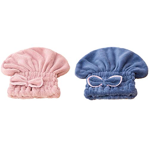 Milisten Hair Drying Cap - Soft Thickened Coral Fleece with Bow Knot for Kids & Adults (Blue/Pink) - Perfect for Home Salon & Travel Hair Care