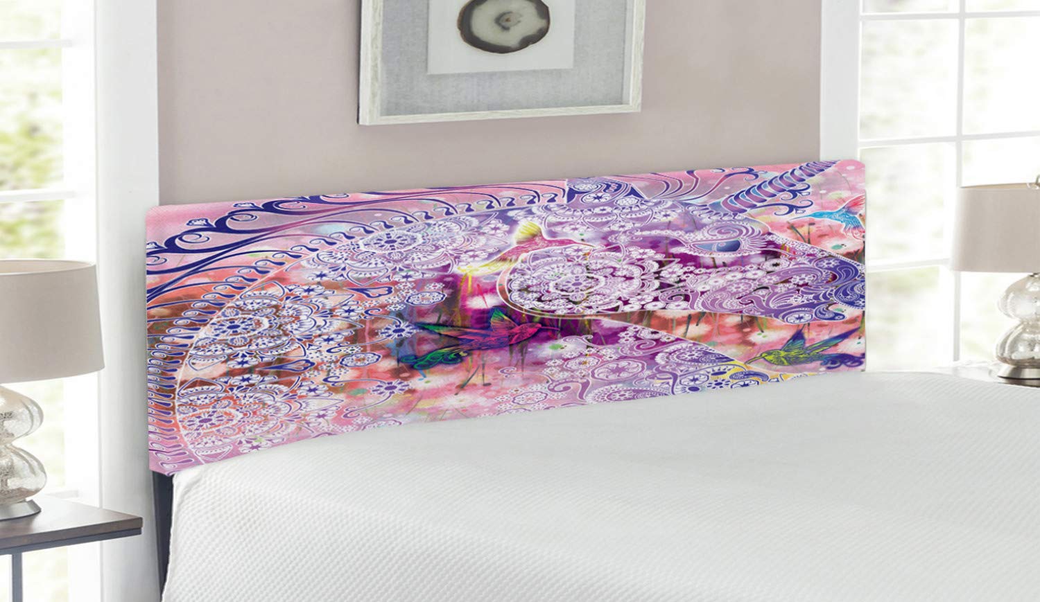 Ambesonne Unicorn Headboard - Queen Size Upholstered Decorative Metal Bed Frame with Memory Foam, Fantasy Animal Design with Floral Ornaments & Birds on Pink Purple Background | Perfect for Girls' Bedroom, Nursery Decor or Fantasy-Themed Home Interior