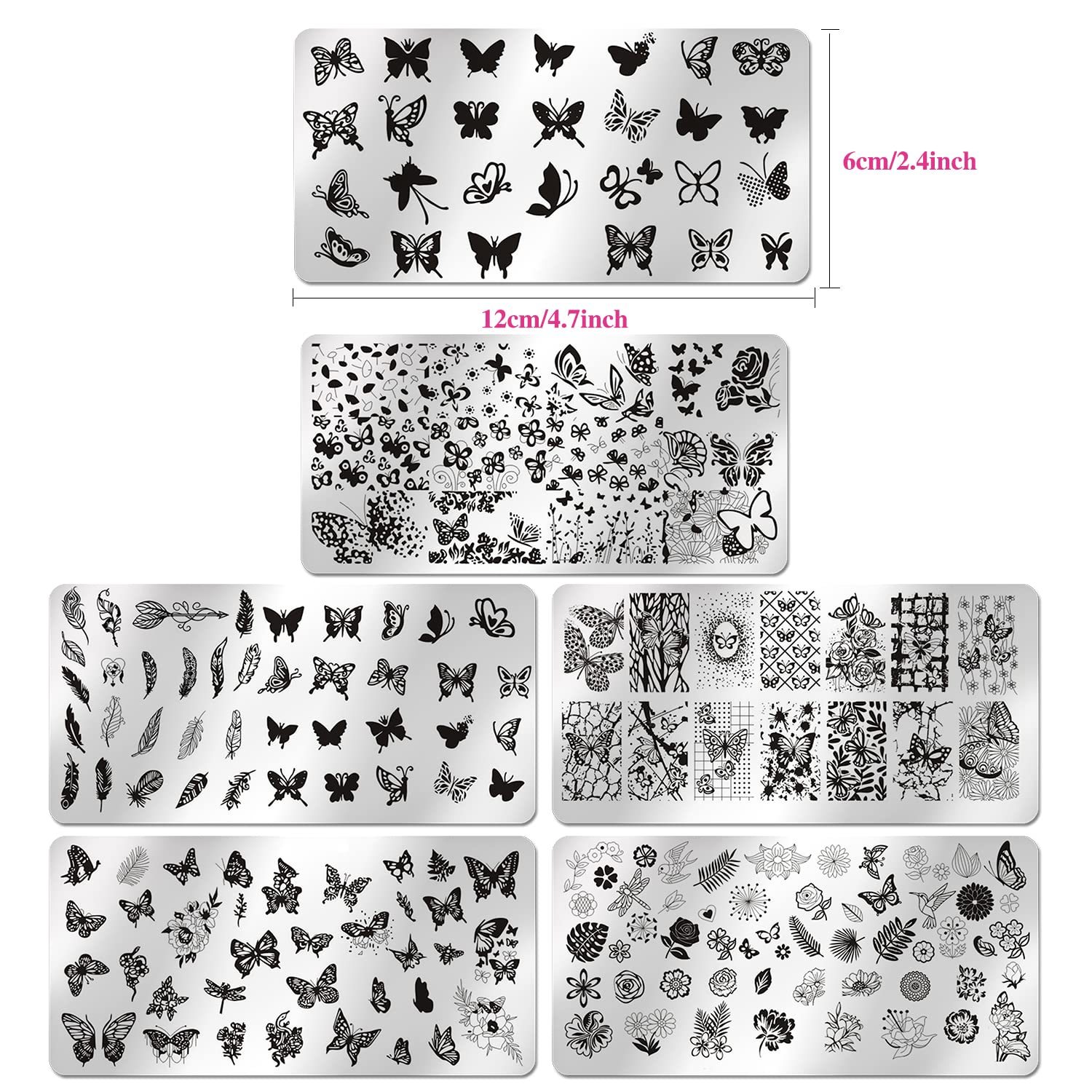 WOKOTO 6Pcs Butterfly Nail Stamping Plates - Floral & Feather Nail Art Stamping Kit for DIY Manicure - Perfect for Salon, Home Use, and Professional Nail Designs
