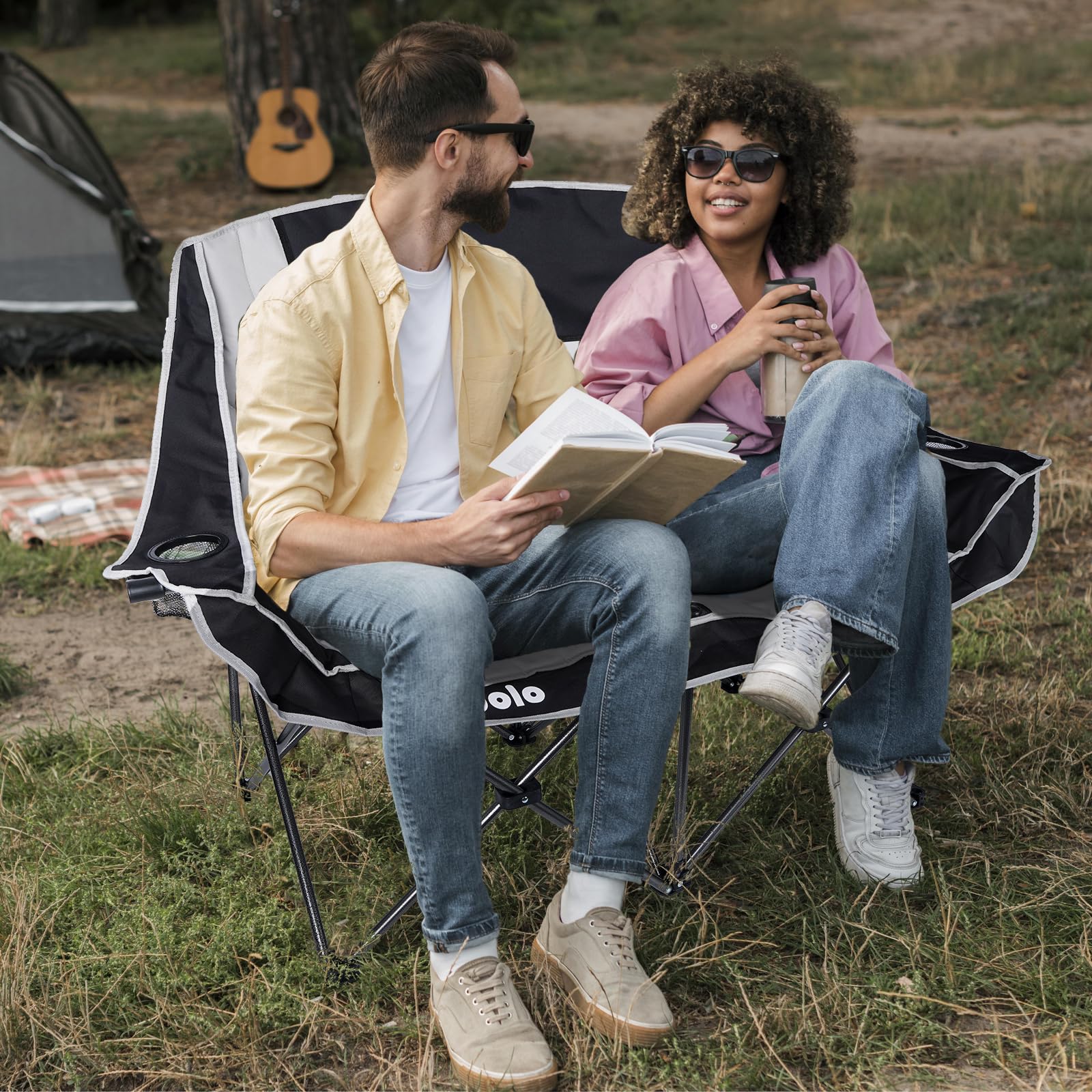**Double Camping Chairs for Adults - Oversized Folding Loveseat Outdoor Chairs with Cup Holder & Wine Glass Holder, Heavy Duty 600Lbs Capacity, Perfect for Camping, Picnics, Beach & Backyard (Grey)**