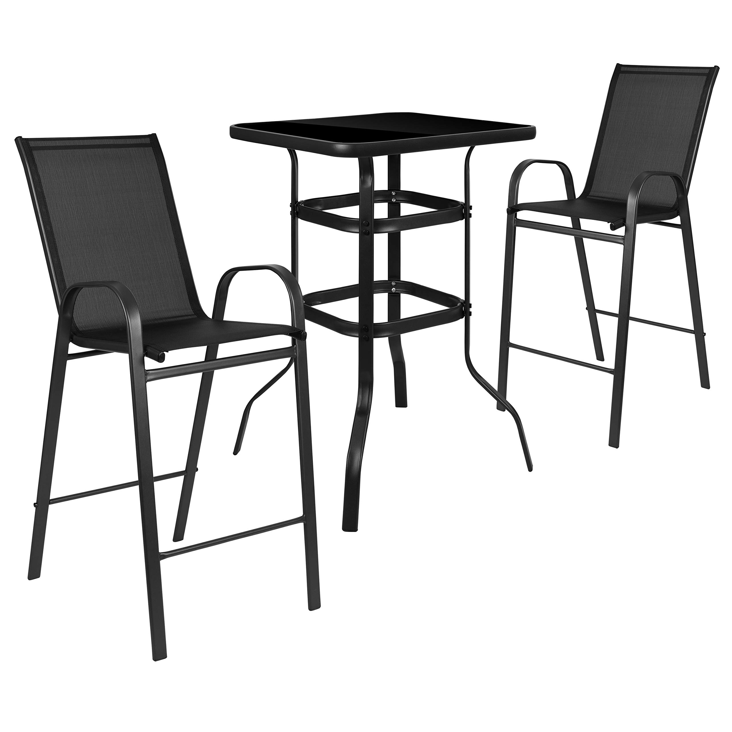 3-Piece Glass Bar Table Set with 2 Black Patio Bar Stools - Modern Outdoor Dining Furniture for Patio, Garden, Poolside & Backyard Entertaining
