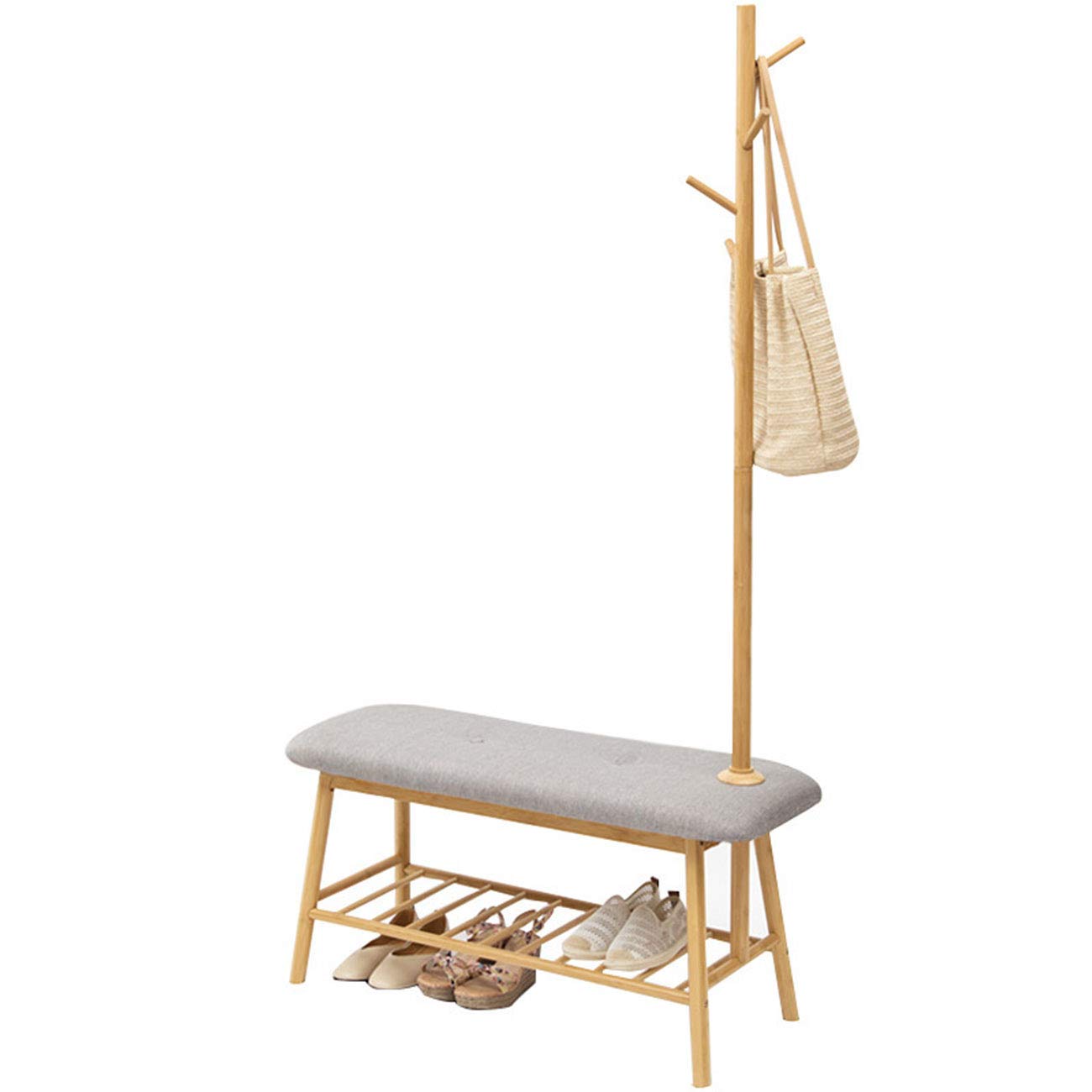 QIMO Bamboo Shoe Bench with 4 Hooks - Coat Rack & Shoe Storage Organizer - Industrial Style Hall Tree with Slatted Shelf & Padded Seat - Perfect for Entryway, Mudroom, or Bedroom Organization