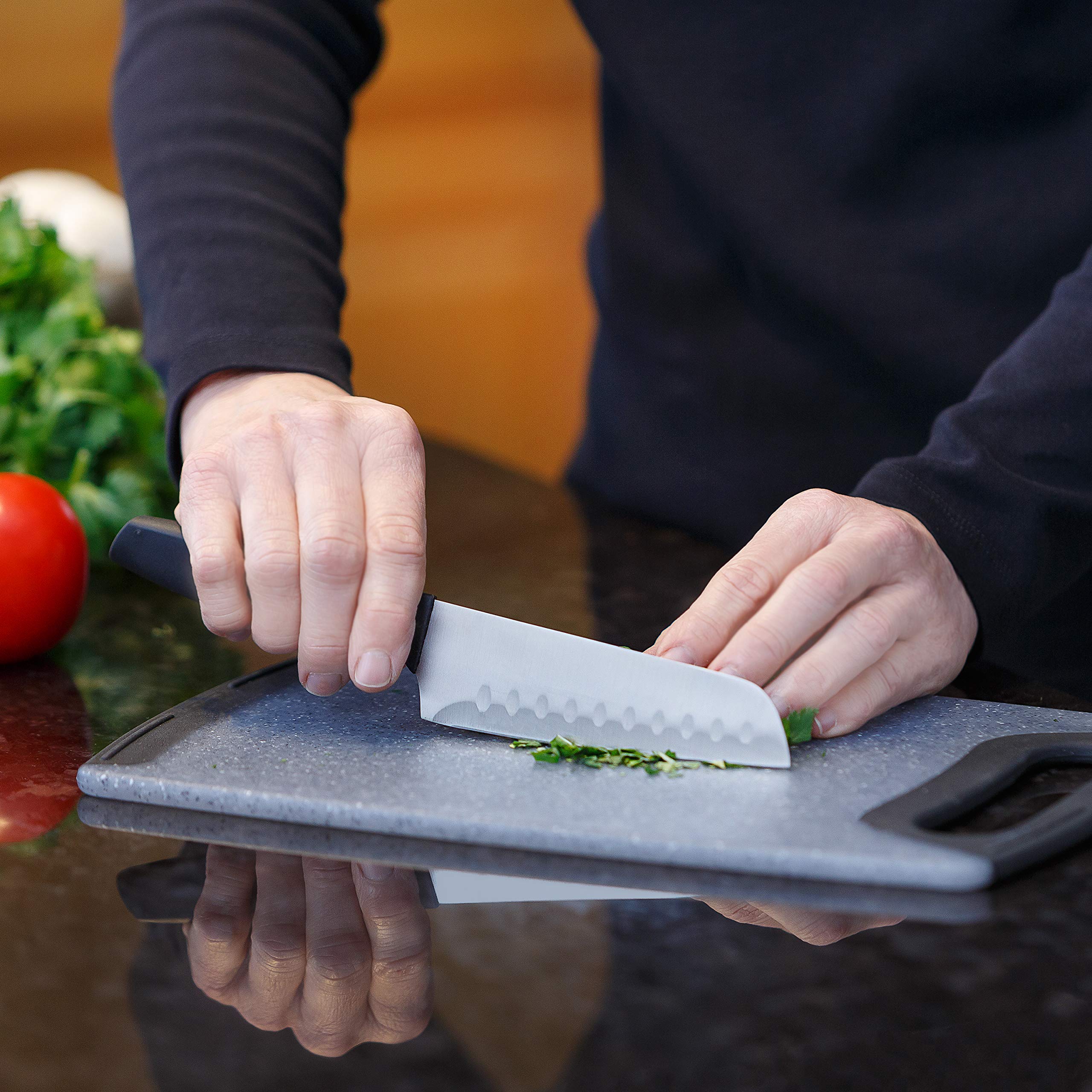 Premium 5-Piece Knife Set with Cutting Board - Includes Sharp Santoku & Utility Knives with Blade Covers & Durable Plastic Chopping Block - Perfect for Kitchen Cooking, Meal Prep & Food Chopping - Gray Color