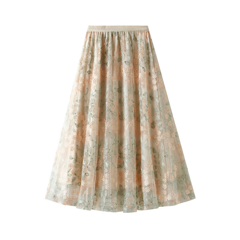 Embroidered Mesh Midi Skirt for Women - Floral Lace Summer Skirt with High Waist, A-Line Design - Perfect for Beach, Party, and Casual Outfits