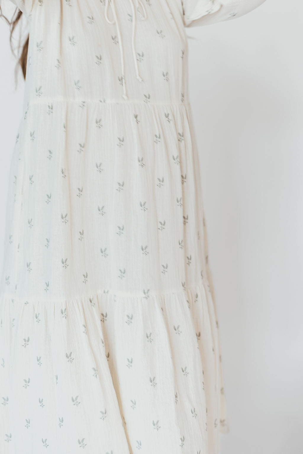 Avery Tiered Linen Blend Midi Dress in Soy/Sage Foliage - Bump Friendly Maternity Dress with Inclusive Sizing for Women - Perfect for Summer Weddings, Beach Vacations & Brunch Dates