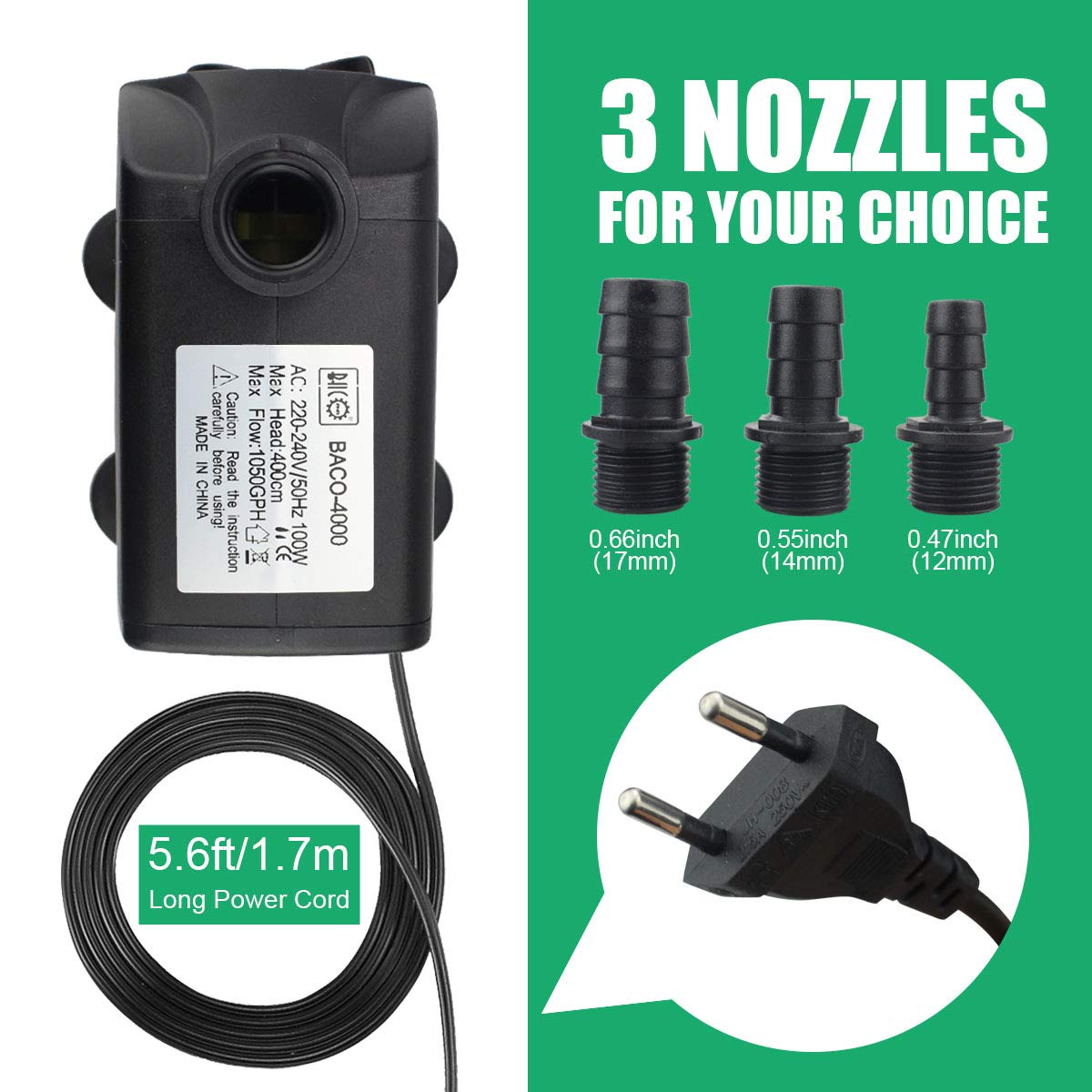 BACOENG 100W Submersible Water Pump 3800L/H, 4m Lift for Aquarium, Garden, Pond, Fountain Circulation - Ideal for Fish Tanks, Hydroponics & Water Features