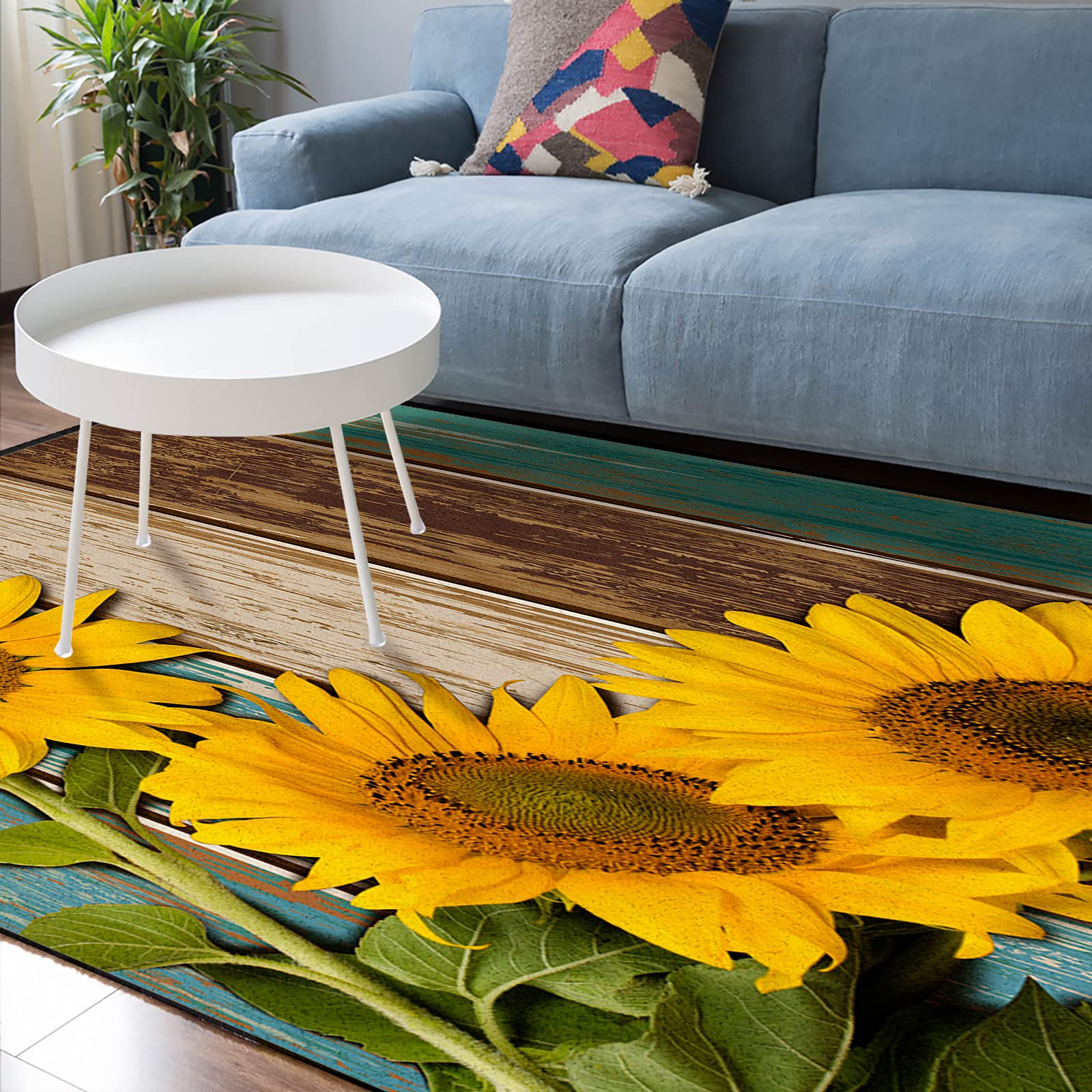 5' x 7' Modern Large Area Rugs - Sunflower Pattern Throw Carpet for Nursery, Living Room & Bedroom - Teal Green Ombre Shabby Wood Plank Design - Indoor/Outdoor Rustic Style Floor Cover - Perfect for Kids' Rooms, Home Decor & Cozy Spaces