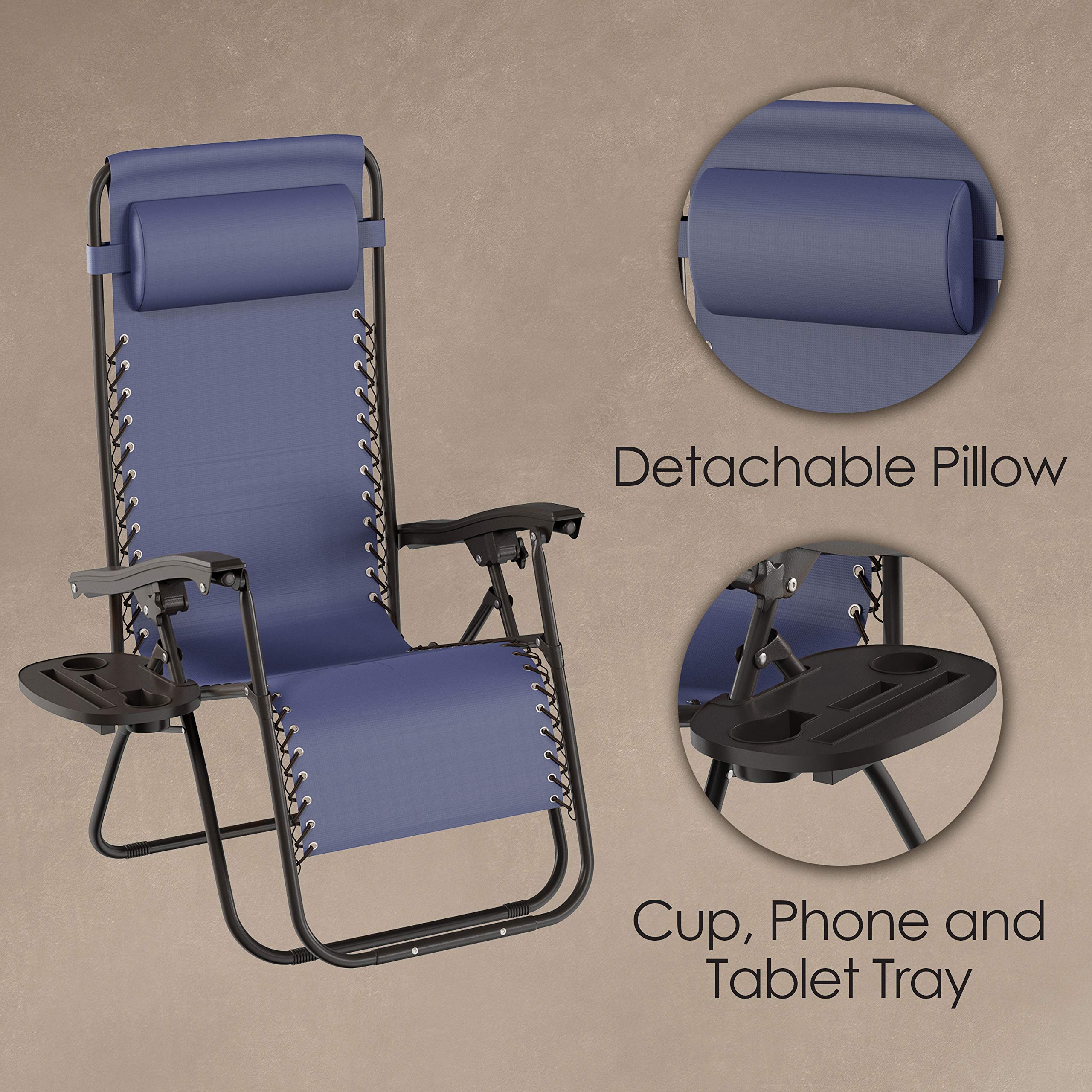 Premium Set of 2 Zero-Gravity Lounge Chairs - Adjustable Folding Outdoor Recliners with Side Table, Cup Holder & Pillow - Perfect for Patio, Poolside, Backyard Relaxation & Camping (Navy Blue)