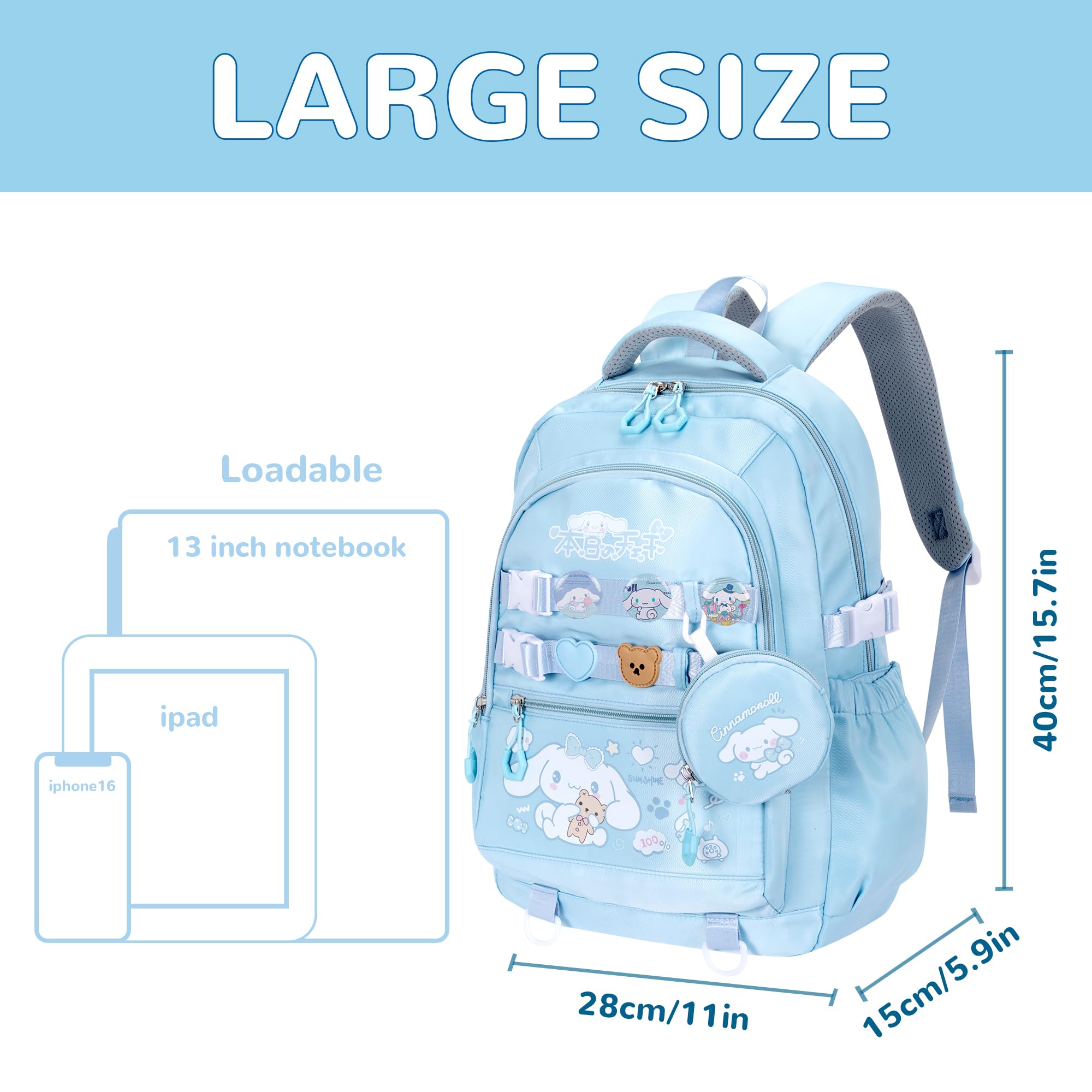 Cinnamoroll Anime Backpack for Girls - Kawaii School Bag with 12 Pcs Accessories, Anti-Theft Laptop Compartment, Cute Pins | Aesthetic Travel Daypack for Students, College, Work & Daily Use